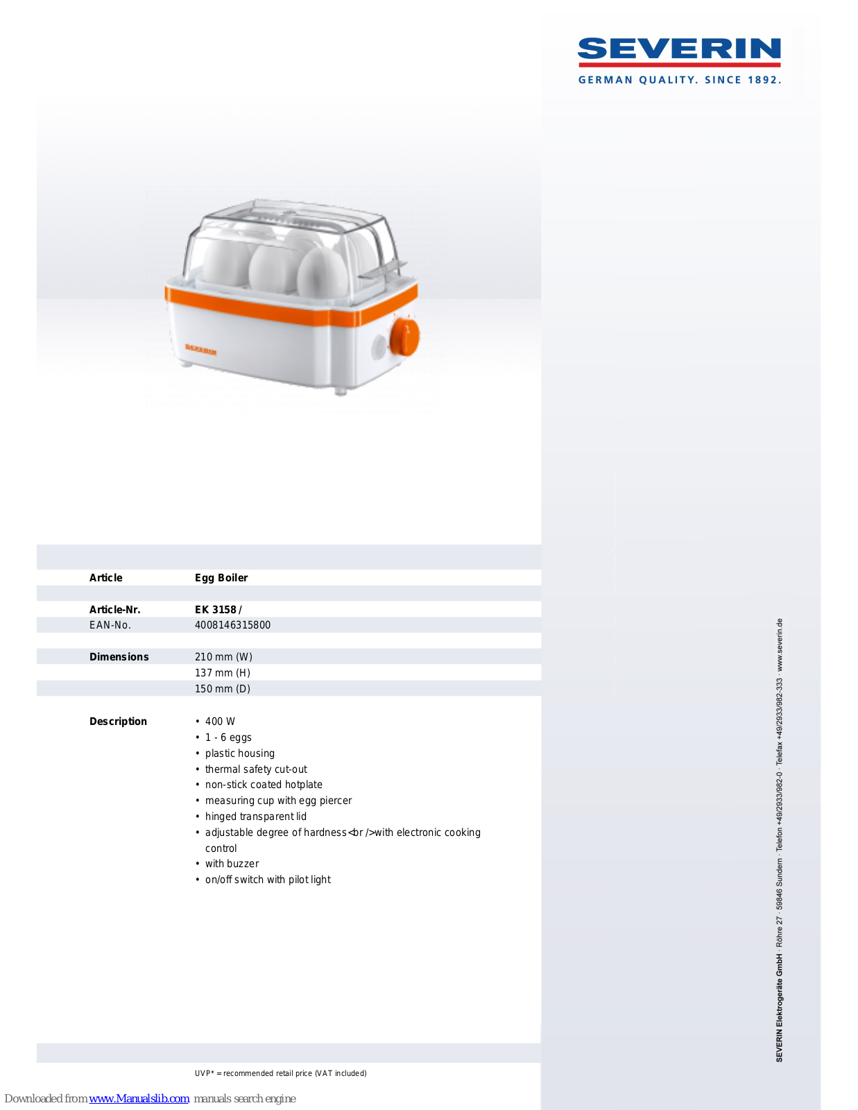 SEVERIN EIERKOCHER EK 3158, EK 3158 Dimensions