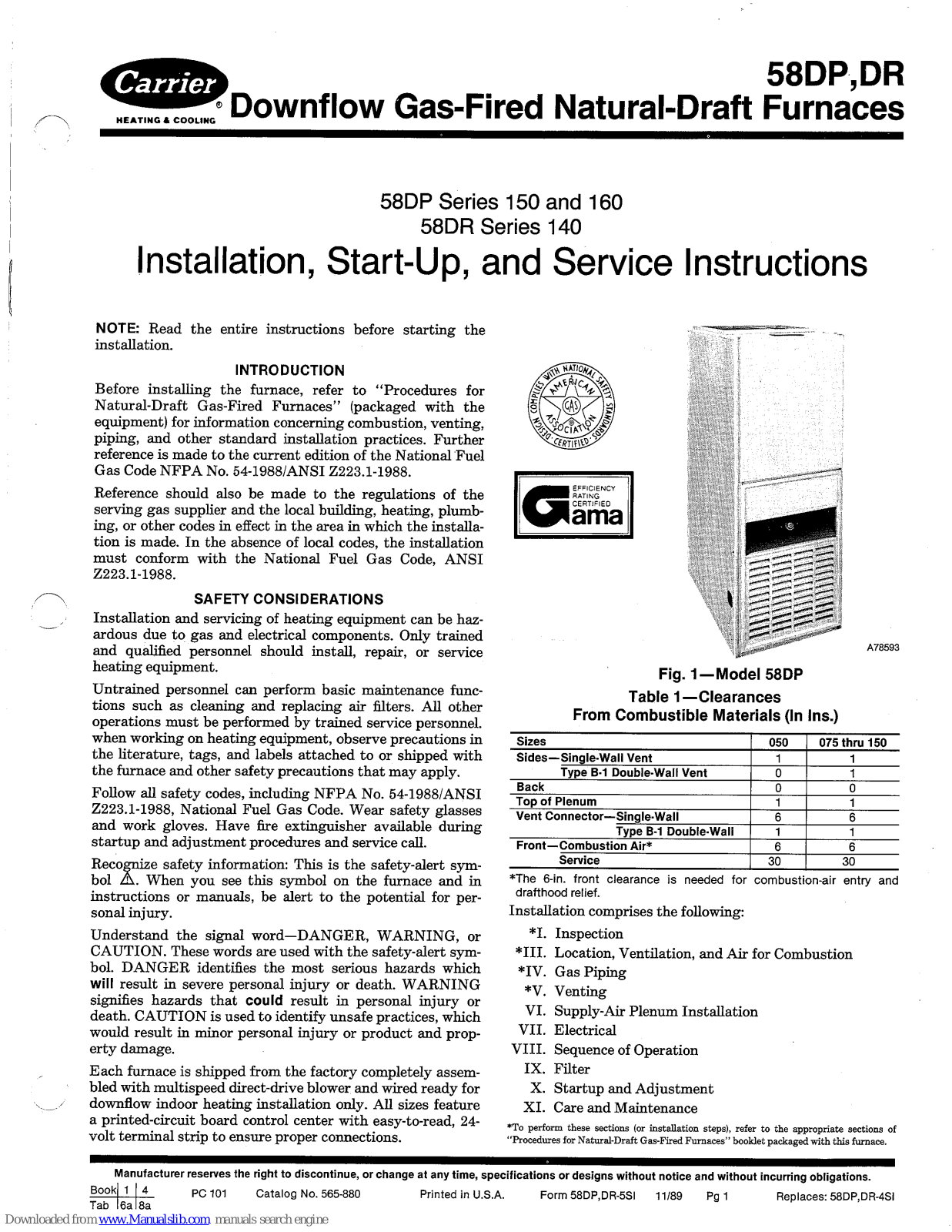 Carrier 58ADP, 58DP Series, 58DR Series Installation, Start-up And Service Instructions Manual - ManualMachine.com