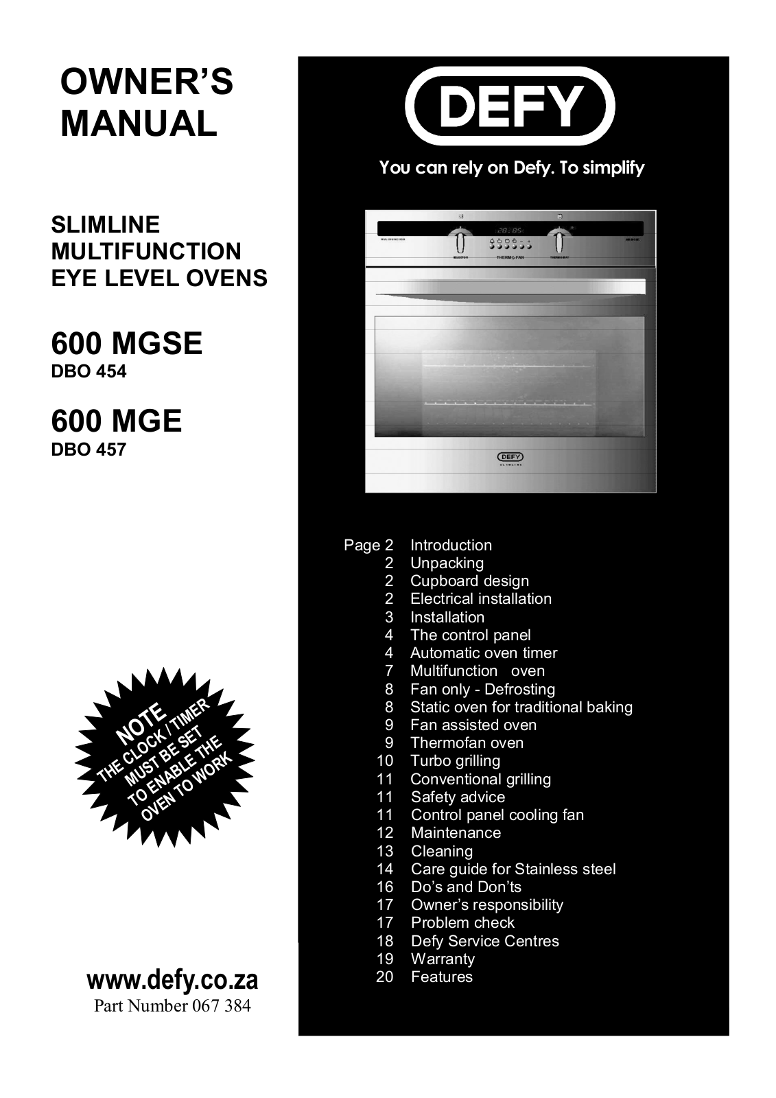 Defy Appliances 600 MGSE, 600 MGE User Manual