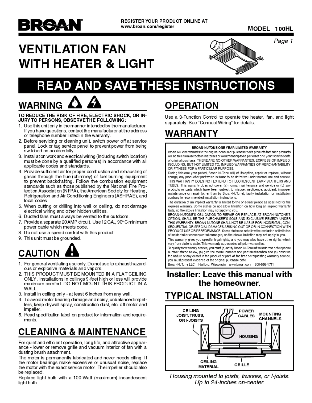 Broan 100hl Installation Guide