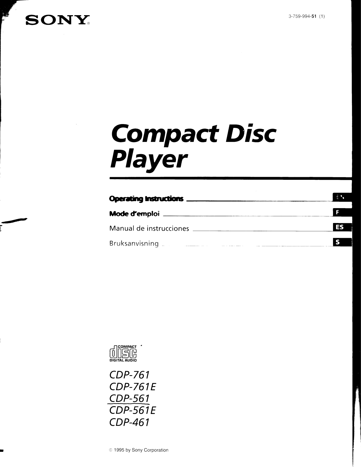 Sony CDP-761E, CDP-561, CDP-561E, CDP-761, CDP-461 Operating Manual
