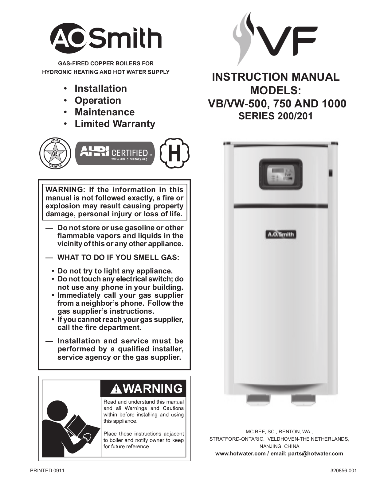 A.O. Smith VB-VW- 1000, VB-VW- 750 User Manual