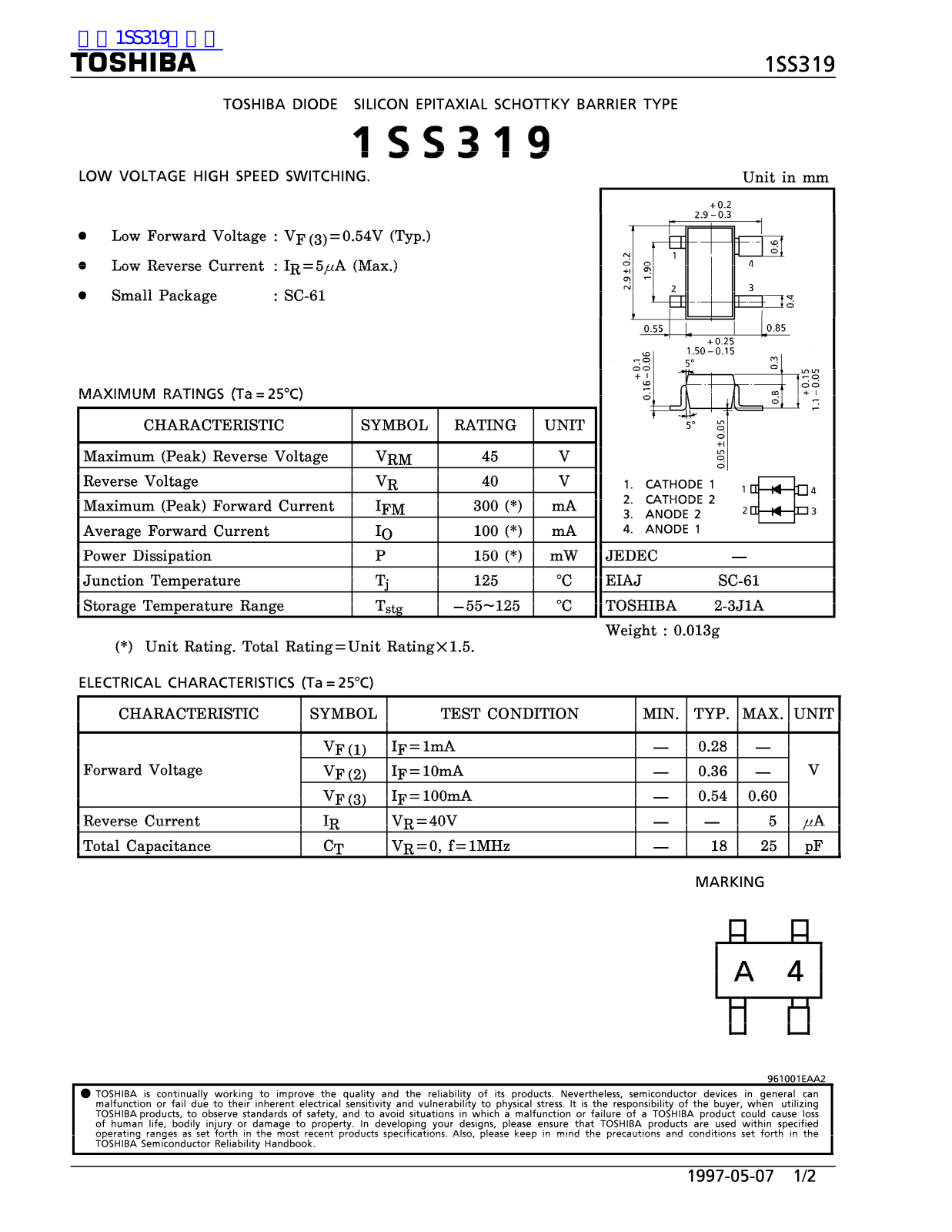 TOSHIBA 1SS319 Technical data