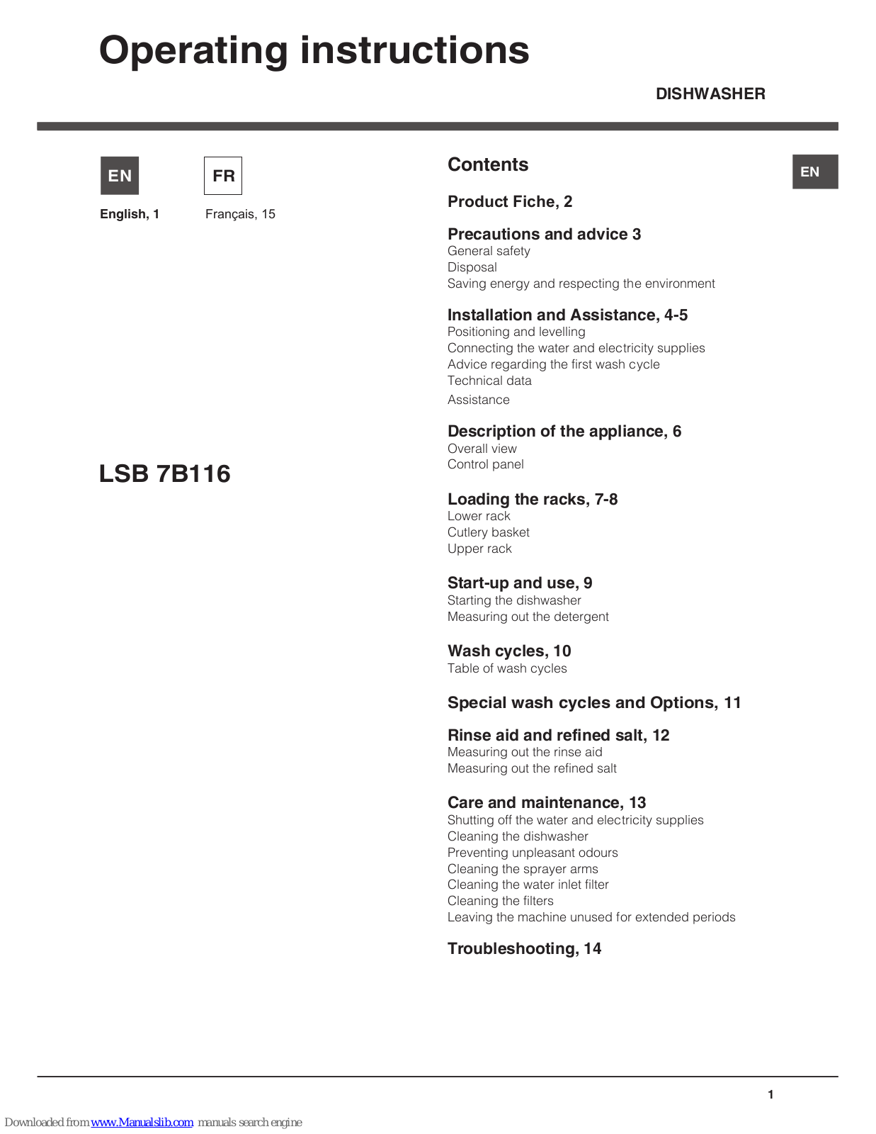 Hotpoint LSB 7B116 Operating Instructions Manual