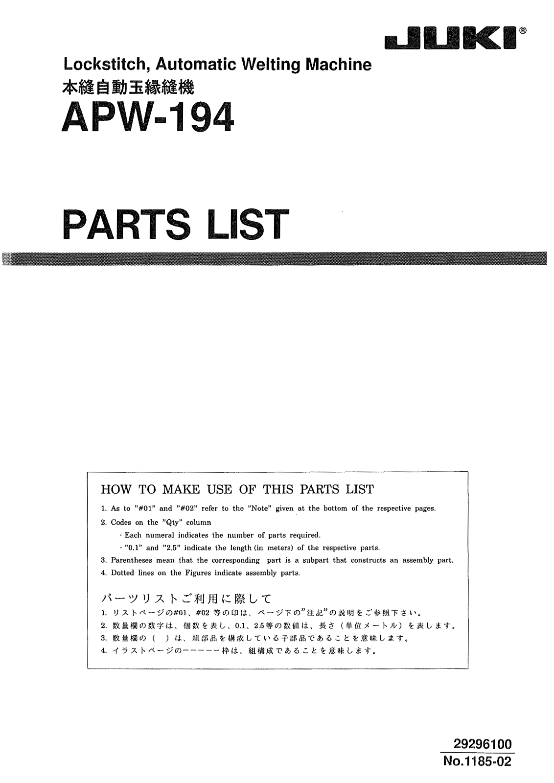 Juki APW-194 Parts List