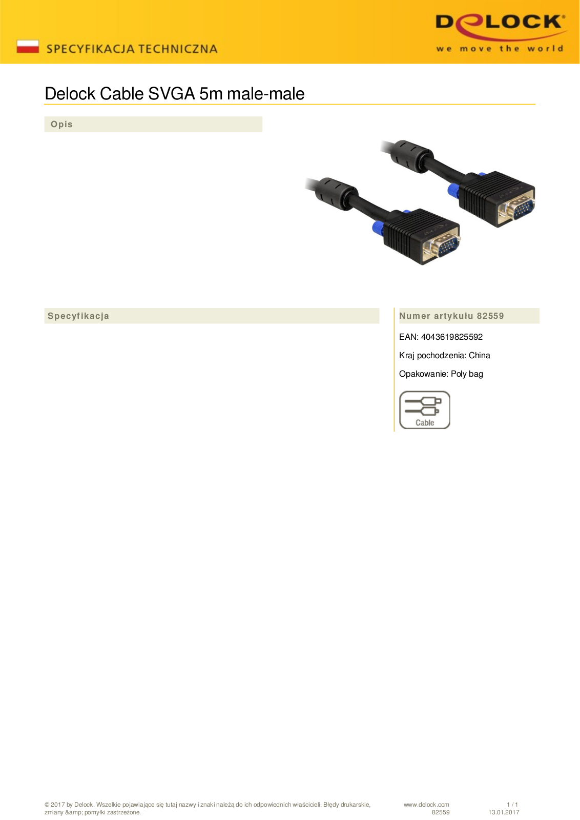 DeLOCK SVGA plug-plug cable 5m User Manual