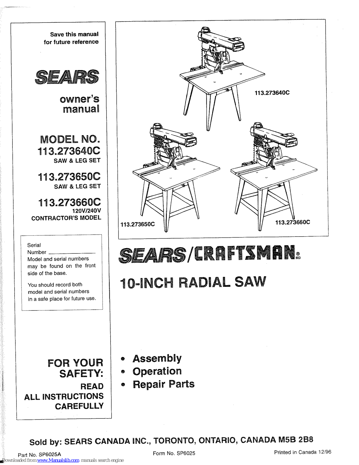 Sears 113.273640C,113.273650C,113.273660C Owner's Manual