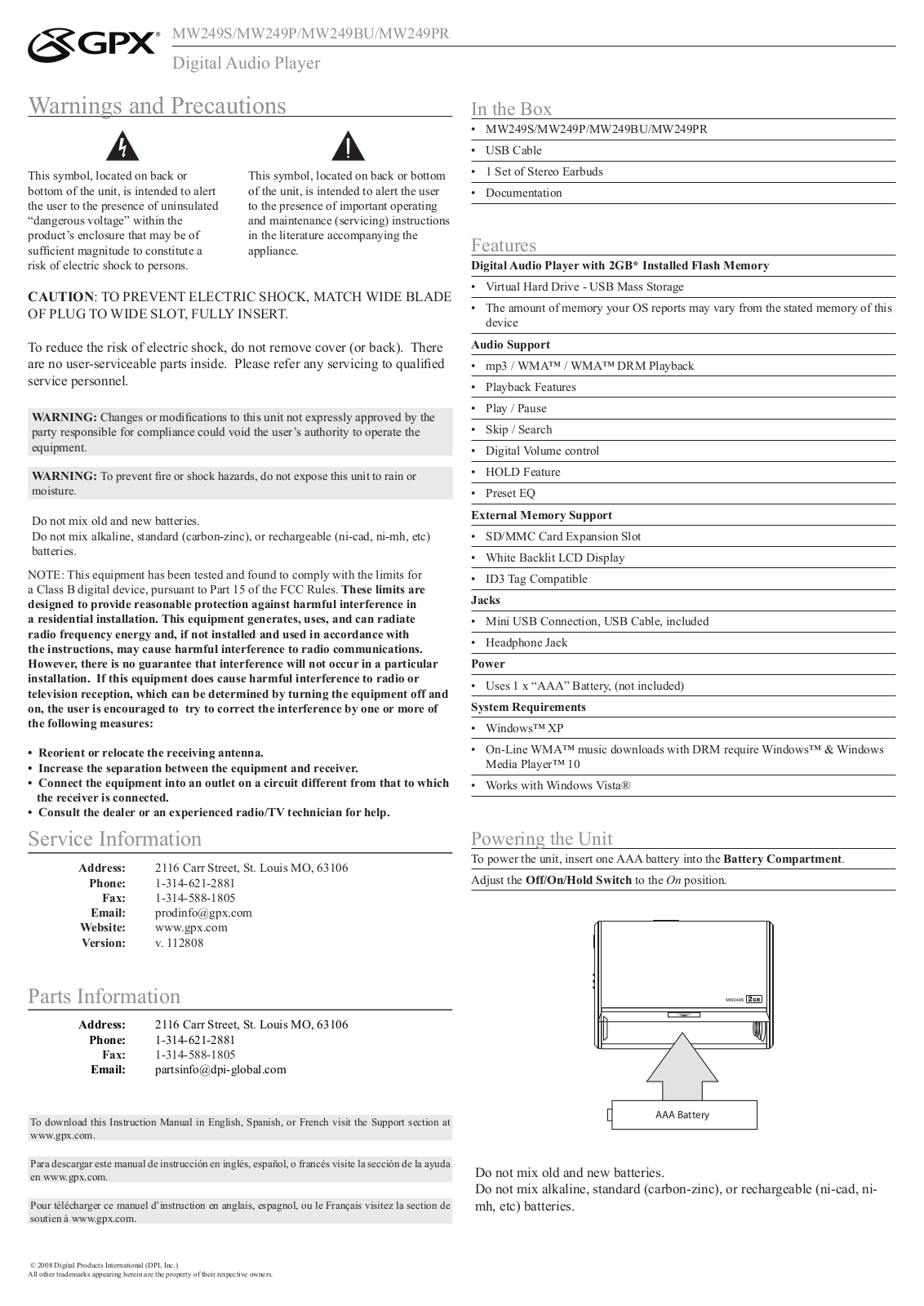 GPX MW249P, MW249PR, MW249BU, MW249S User Manual