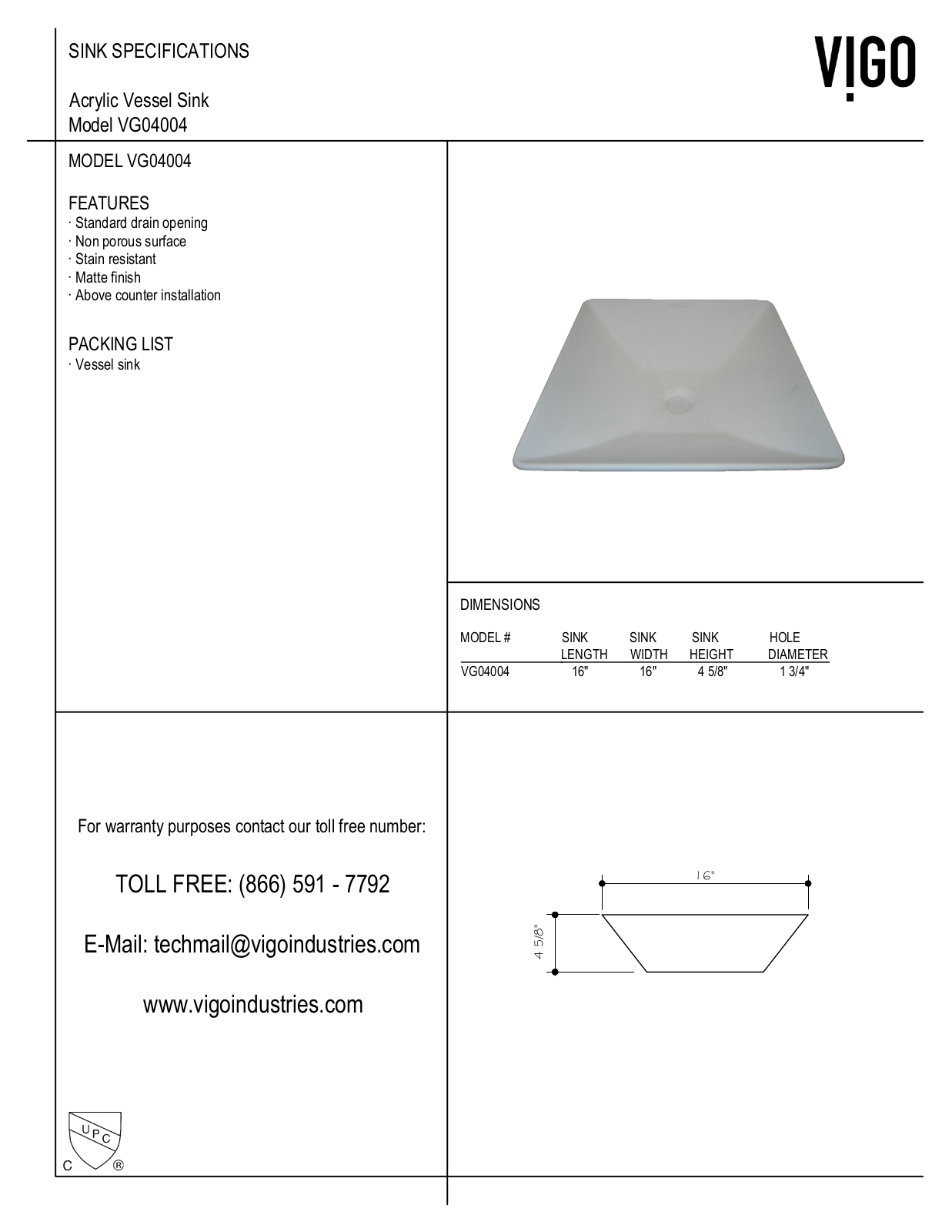 Vigo VG04004 Specifications