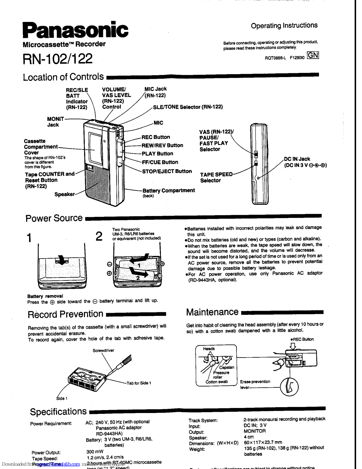 PANASONIC RN 106 D, RN 125 User Manual