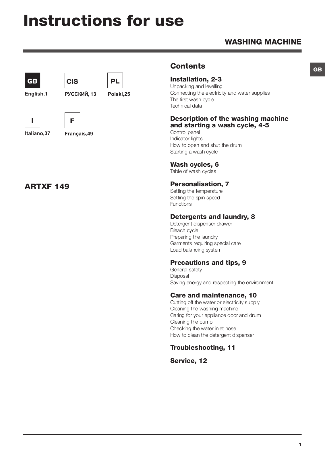 Hotpoint Ariston ARTXF 149 User Manual