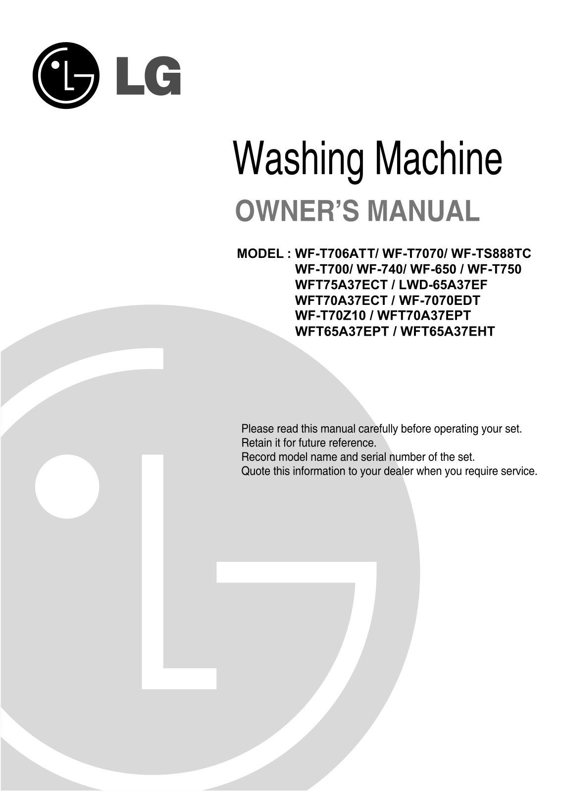 LG WFT65A37EET Instruction manual