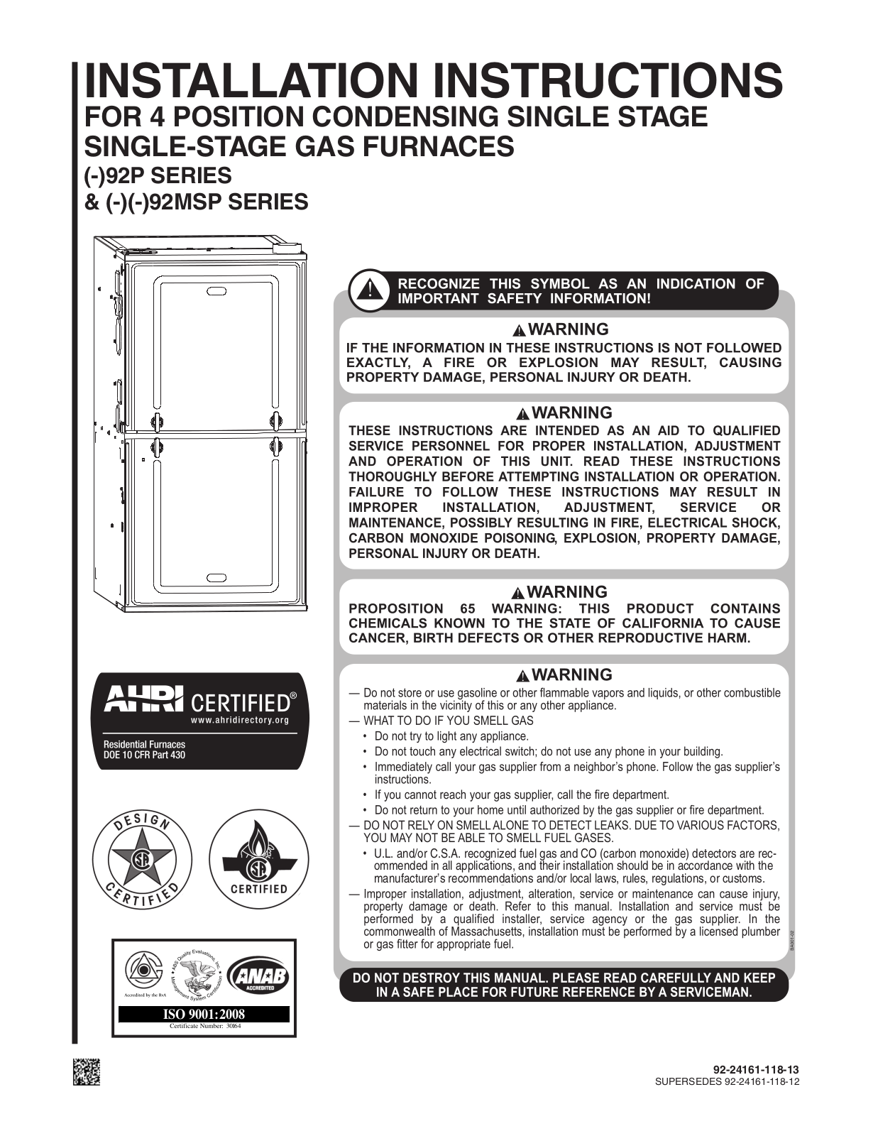 CSA 92P SERIES, 92MSP SERIES, 96T SERIES, 96MDT SERIES Installation Instructions Manual - ManualMachine.com