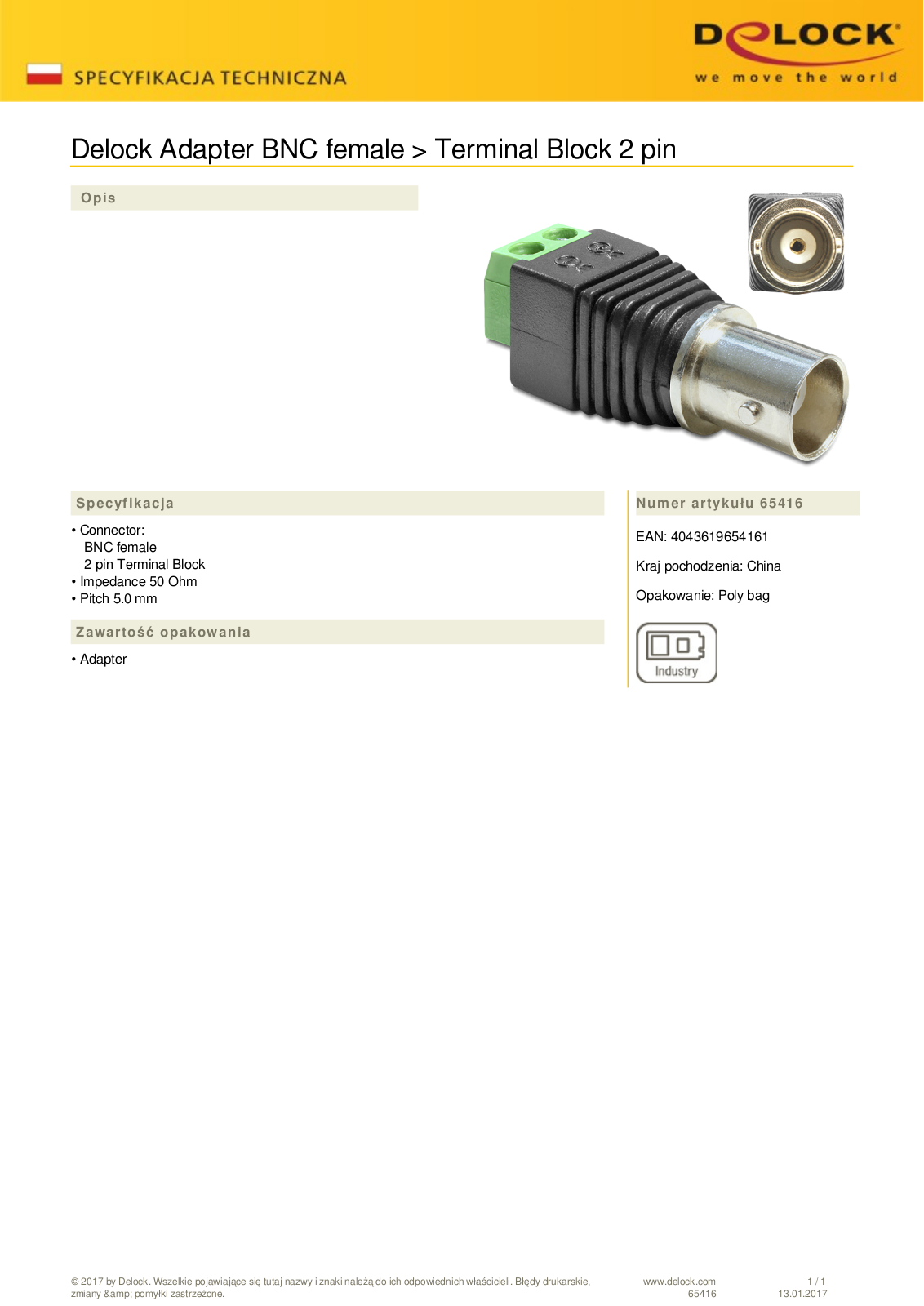 DeLOCK BNC  socket  on 2-Pin-Terminalblock adapter User Manual