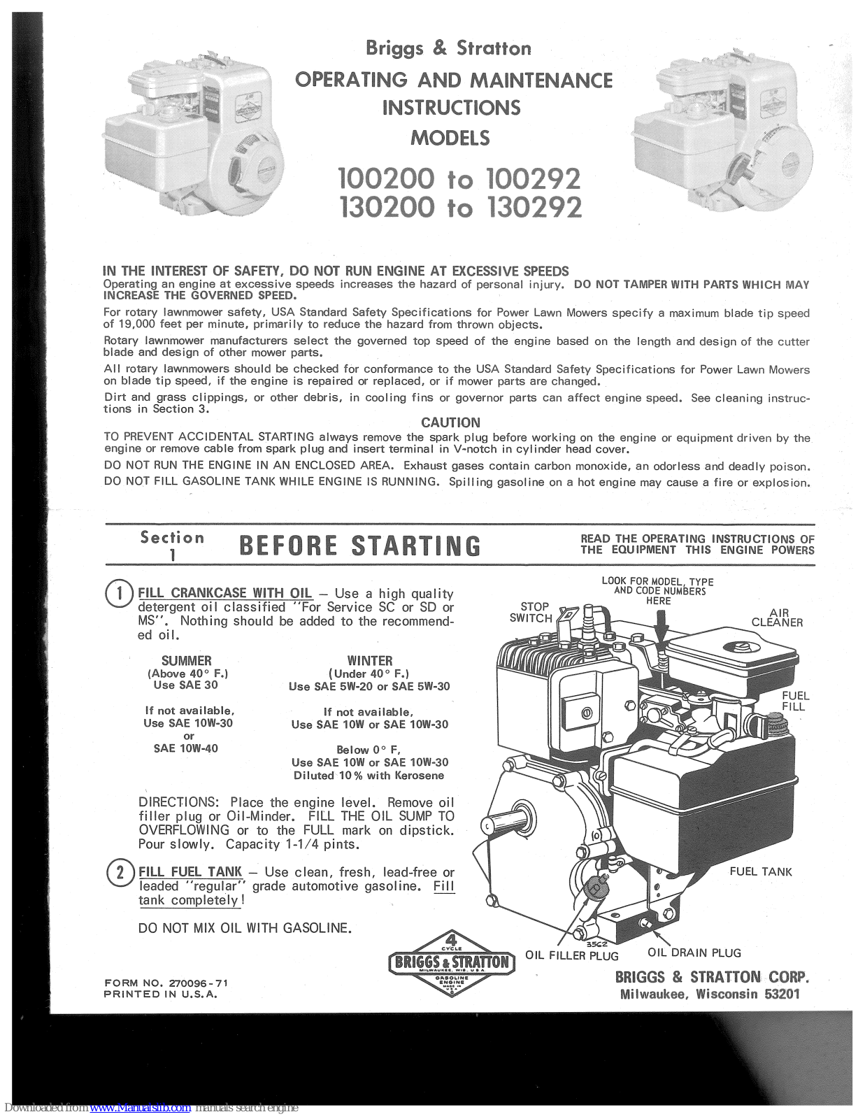 Briggs & Stratton 100200 Series, 130200 Series Operating And Maintenance Instructions Manual