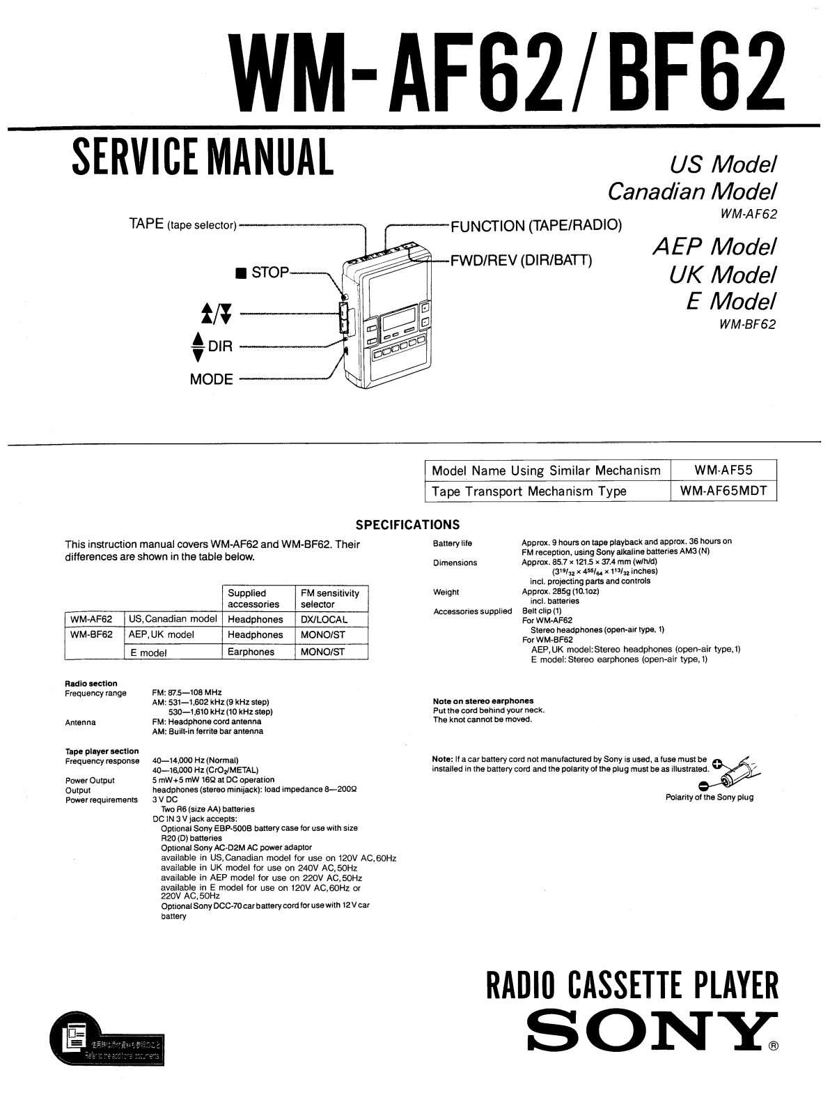 Sony WMBF-62 Service manual