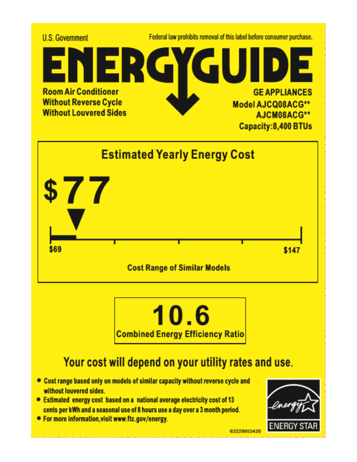 General Electric AJCQ08ACG Energy Guide