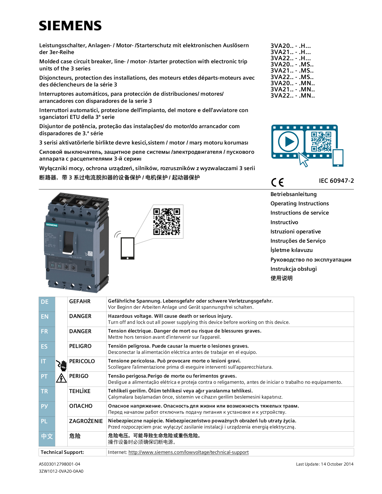 Siemens 3VA22 H, 3VA20 MS, 3VA22 MS, 3VA20 MN, 3VA21 MN Operating Instructions Manual