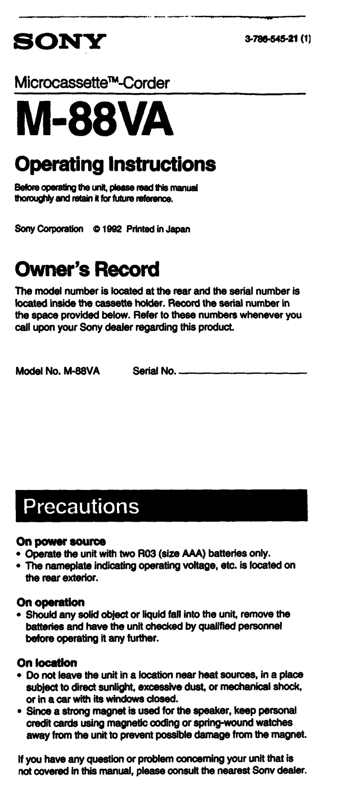 Sony M88VA User Manual