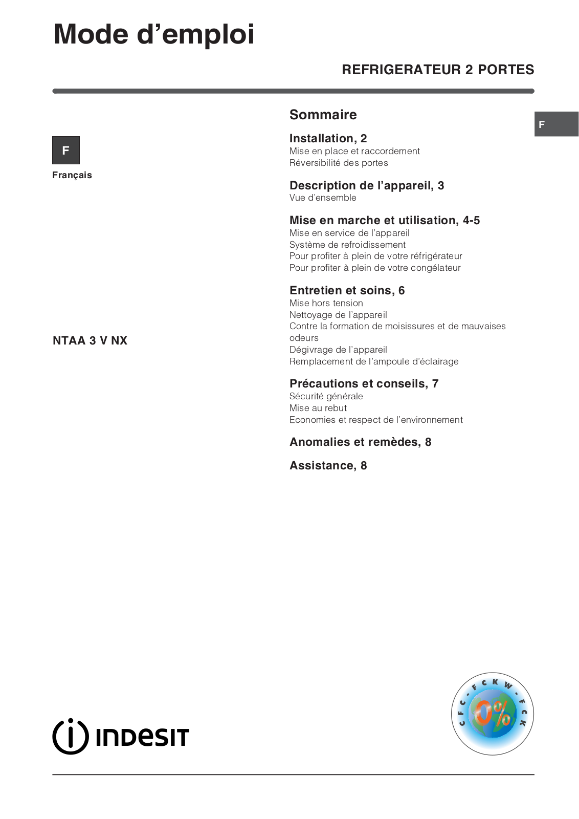 INDESIT NTAA 3 V NX (FR) User Manual