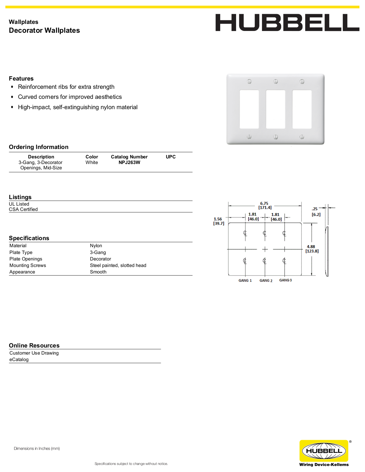 Hubbell NPJ263W Specifications