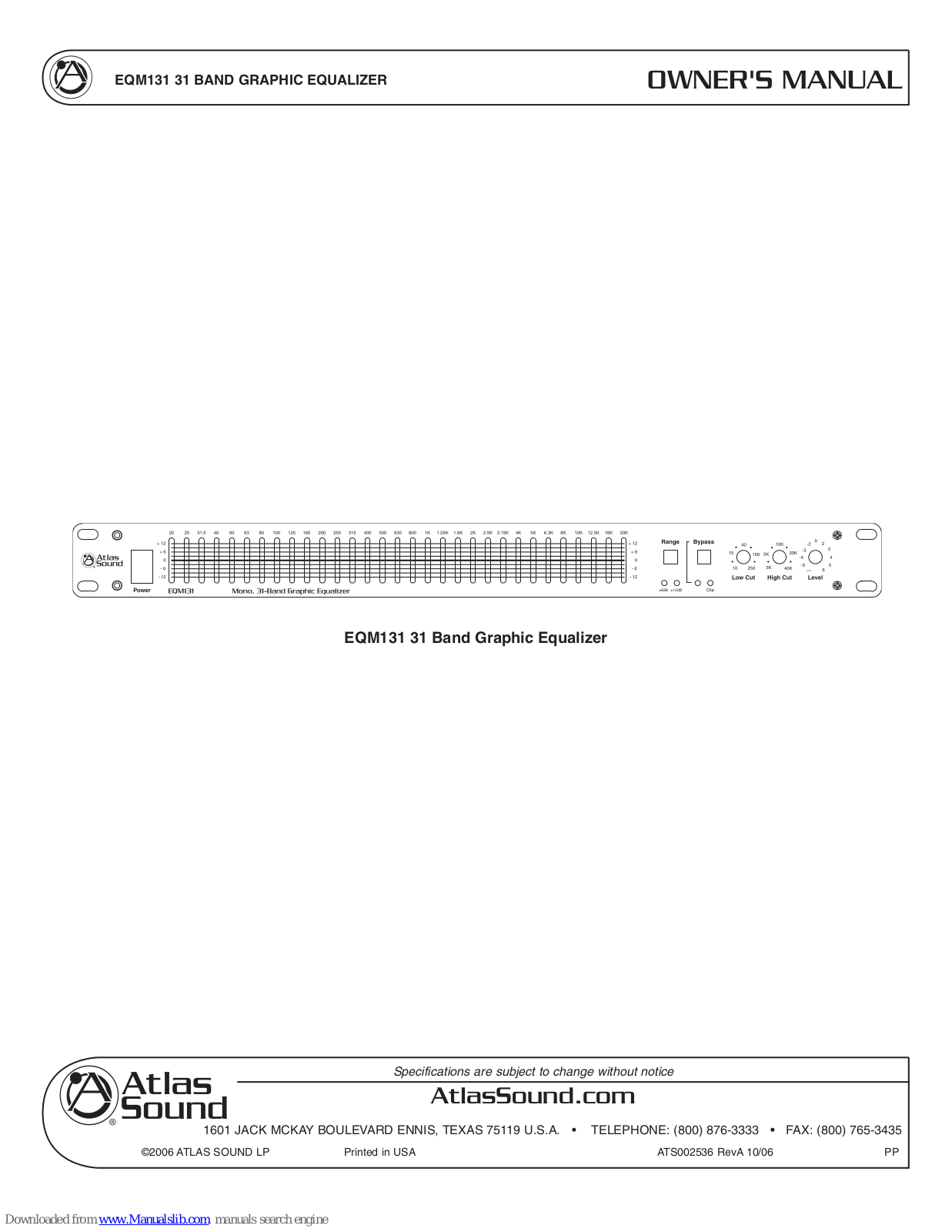 Atlas 31 Band Graphic Equalizer EQM131 Owner's Manual