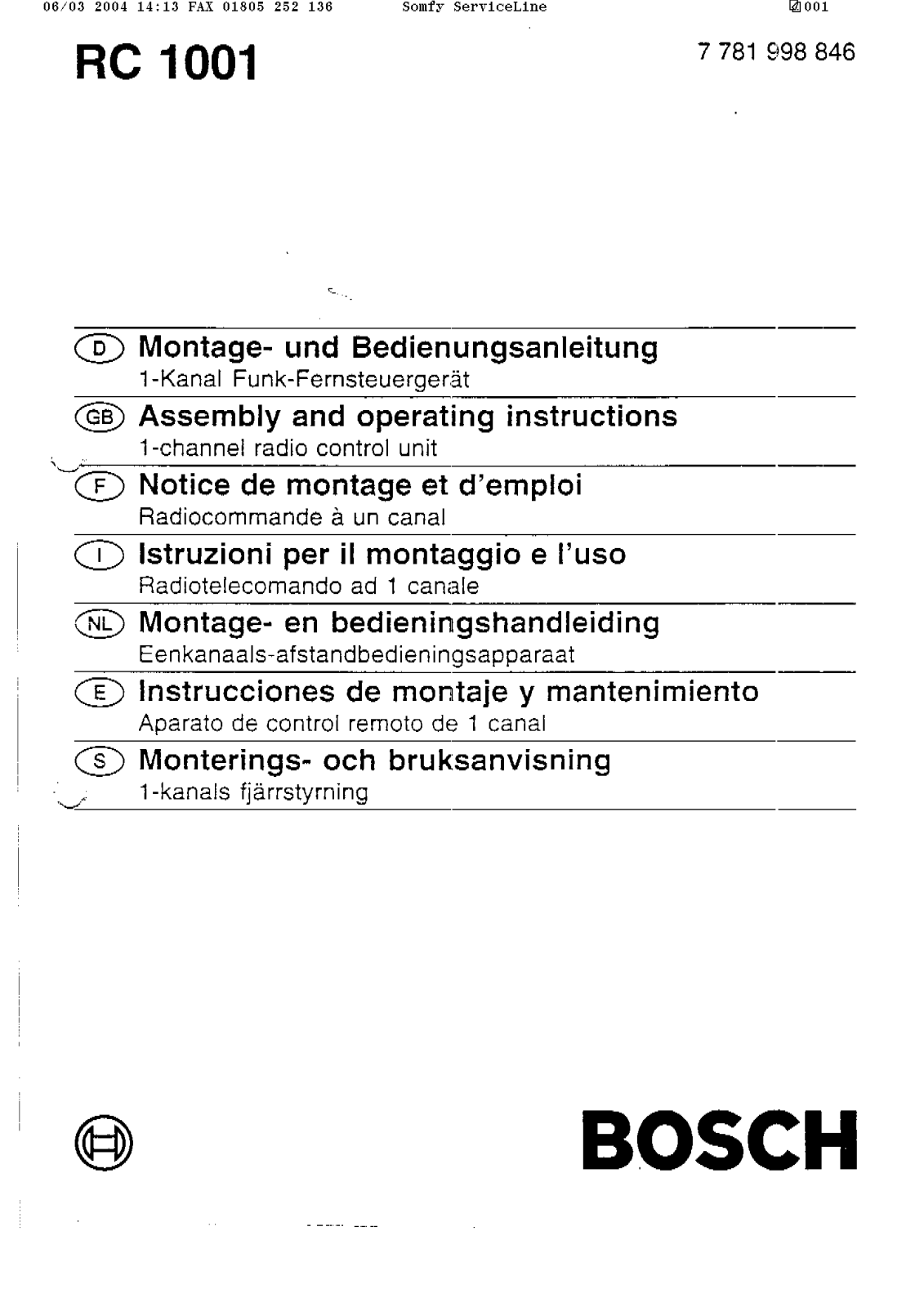 SOMFY RC 1001 User Manual