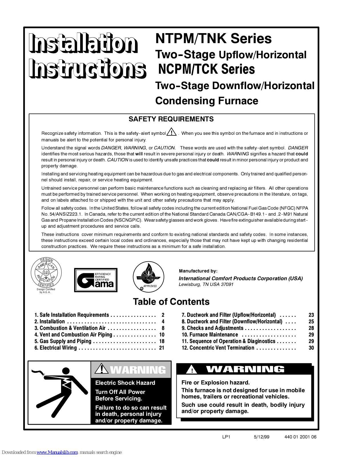 International comfort products NTPM/TNK Series, NCPM/TCK Series Installation Instruction