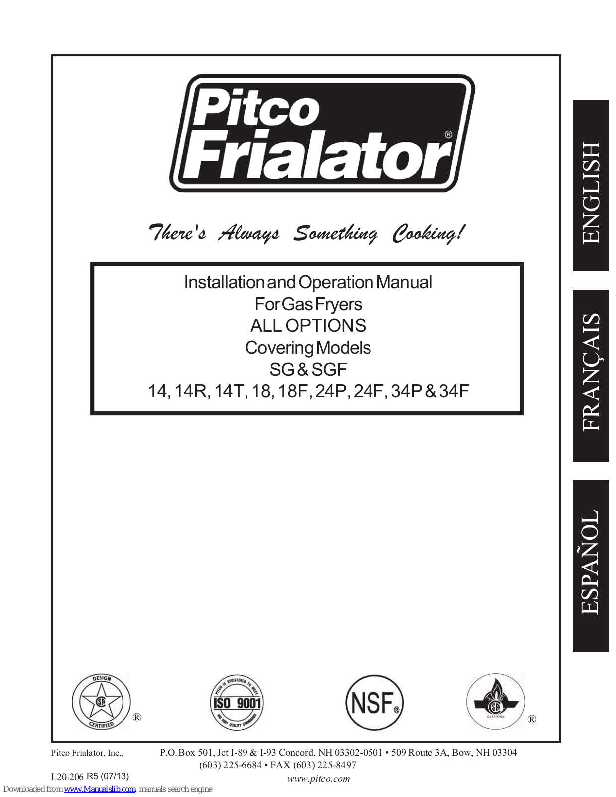 Pitco SG Series, 14R, 14T, 18, 18F Installation And Operation Manual