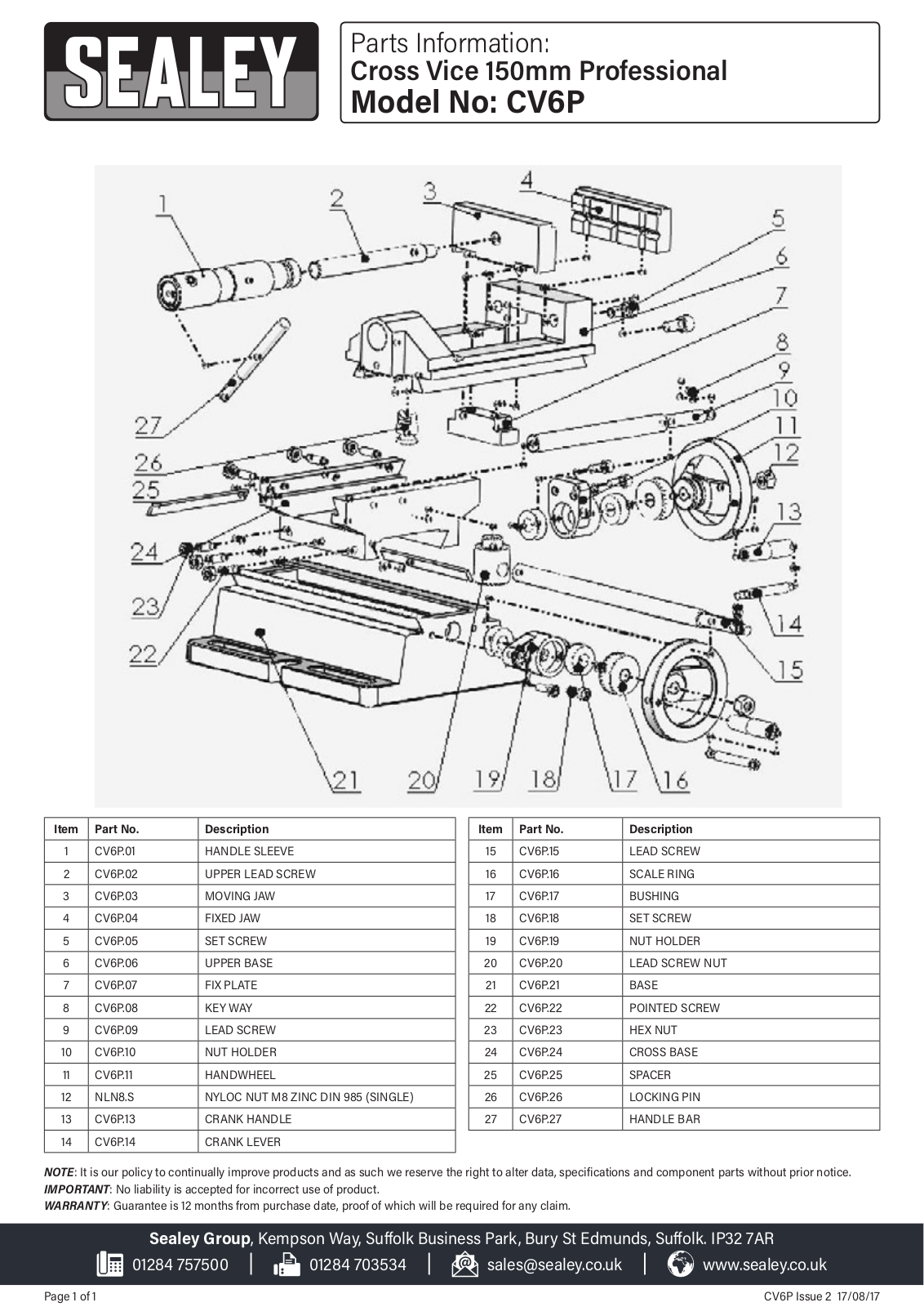 Sealey CV6P Parts Listing