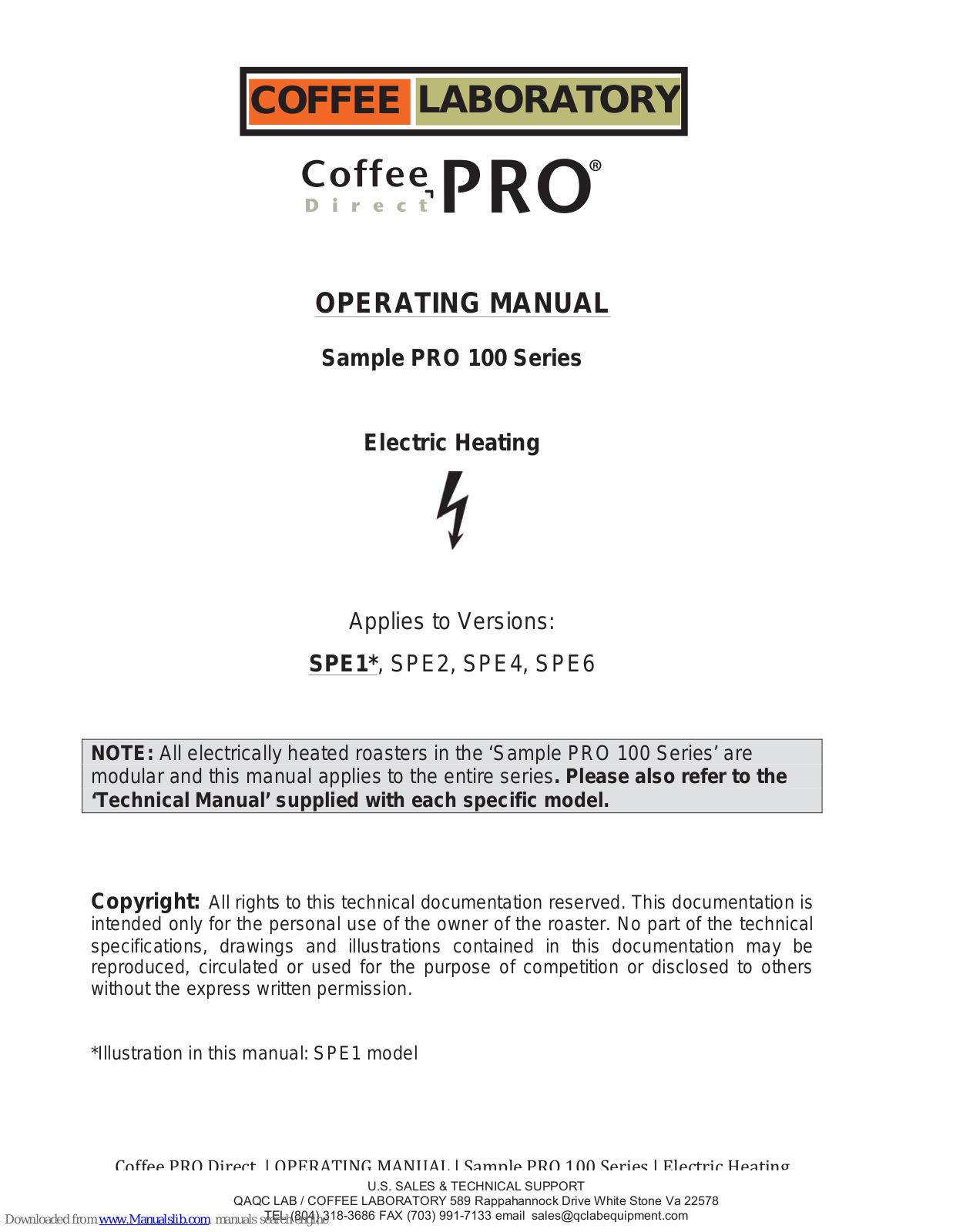 Coffee Pro Direct Sample PRO 100 Series, SPE2, SPE1, SPE6, SPE4 Operating Manual