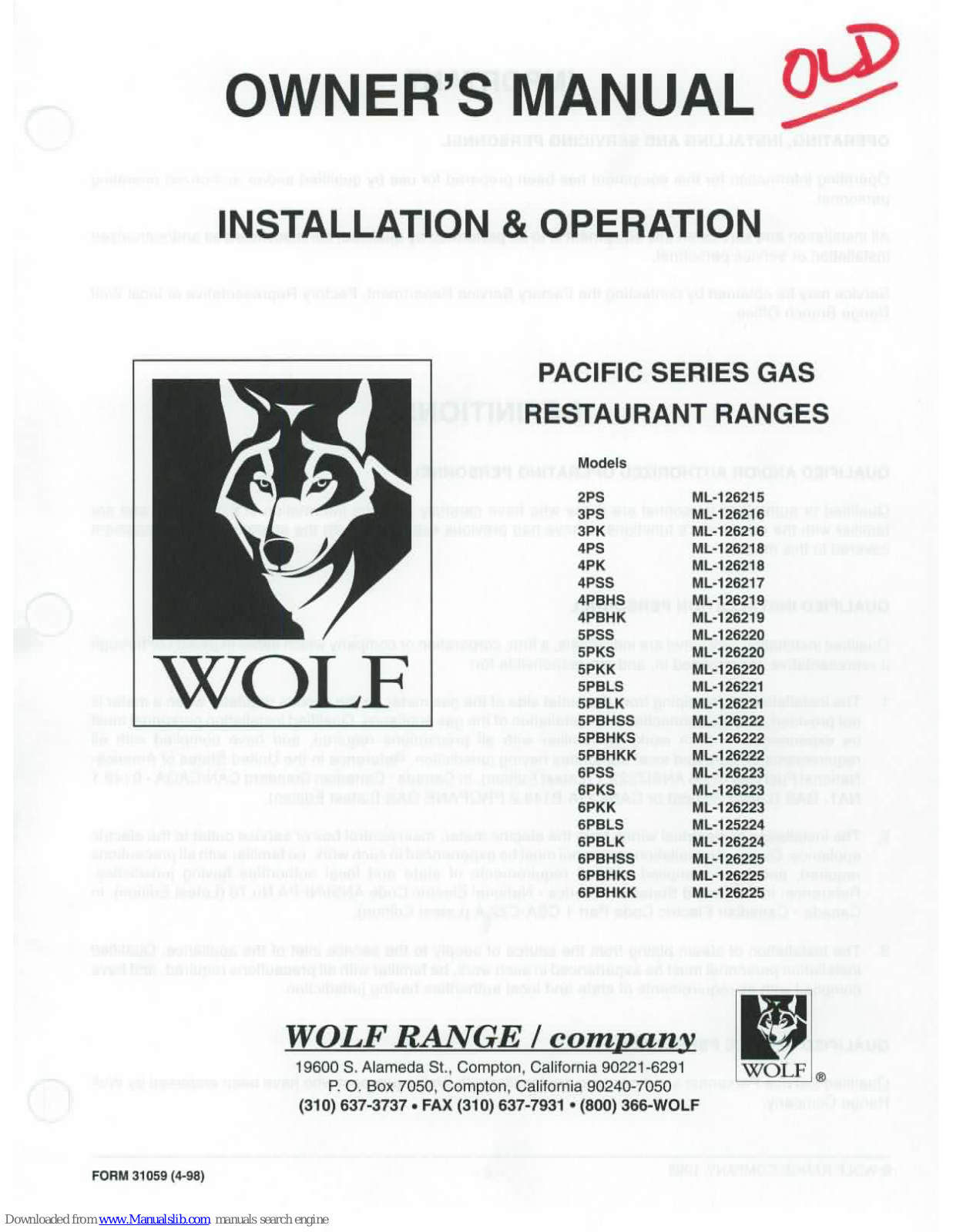 Wolf 4PS, 4PK, 4PSS, 4PBHS, 4PBHK Owner's Manual