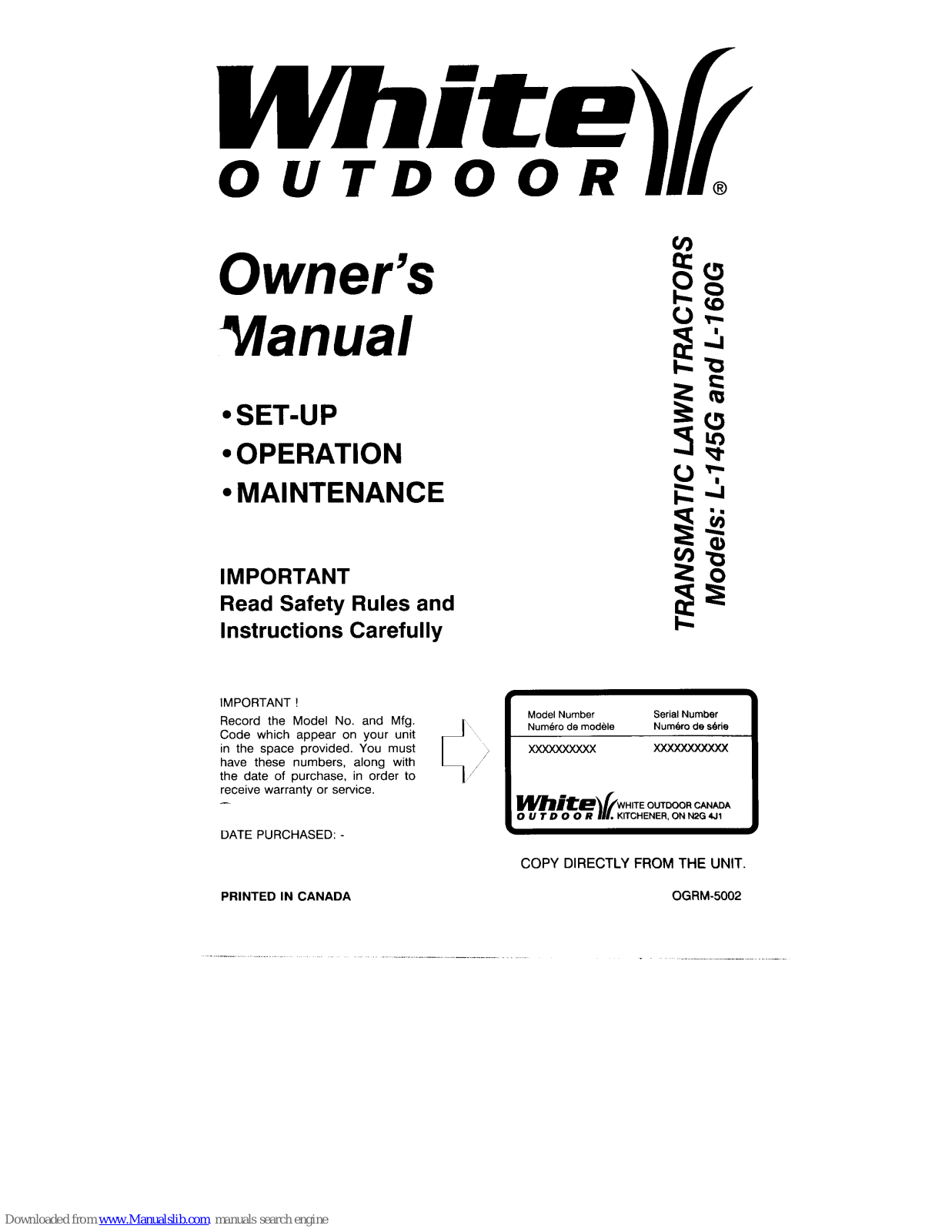 White Outdoor L-145G, L-160G Owner's Manual