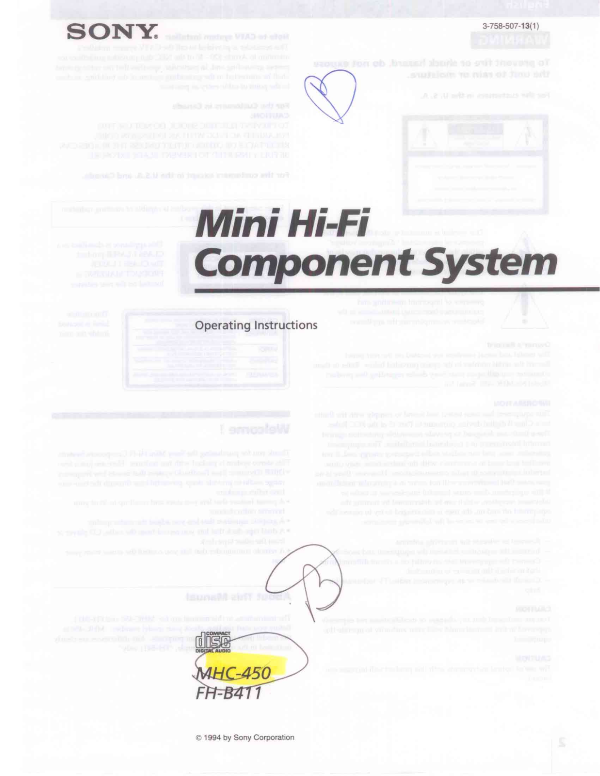 Sony MHC-450 Operating Manual