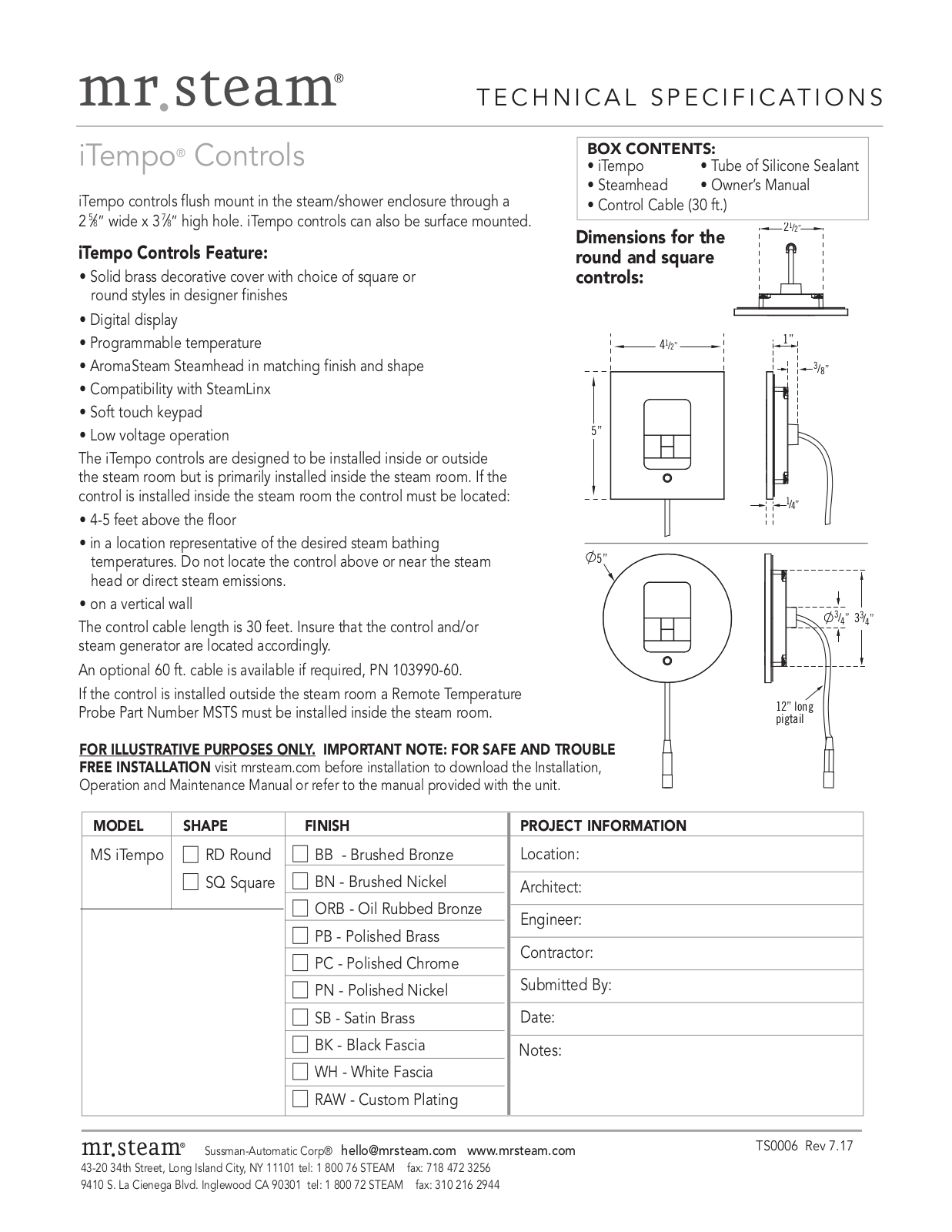 Mr. Steam MSITEMPORDSB, MSITEMPOSQPN, MSITEMPORDPB, MSITEMPORDORB, MSITEMPORDRAW Specifications