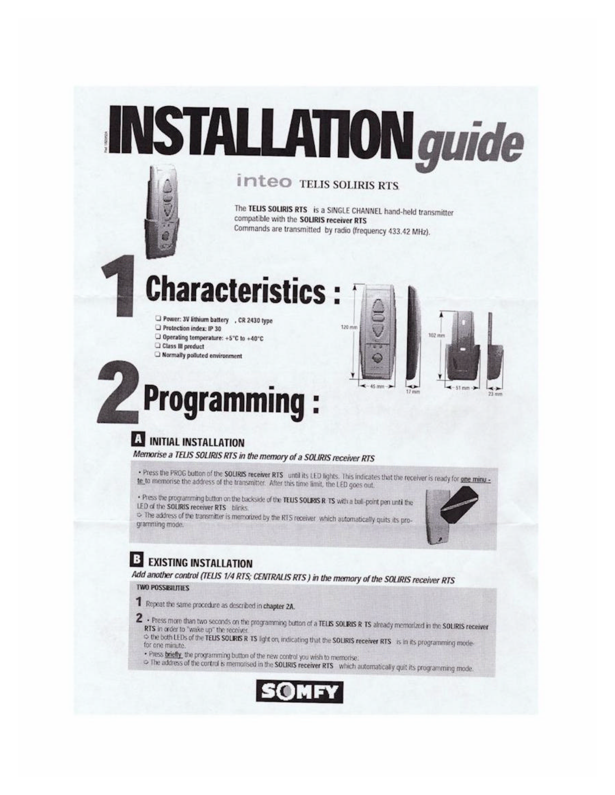 Somfy Systems TELISSOL User Manual