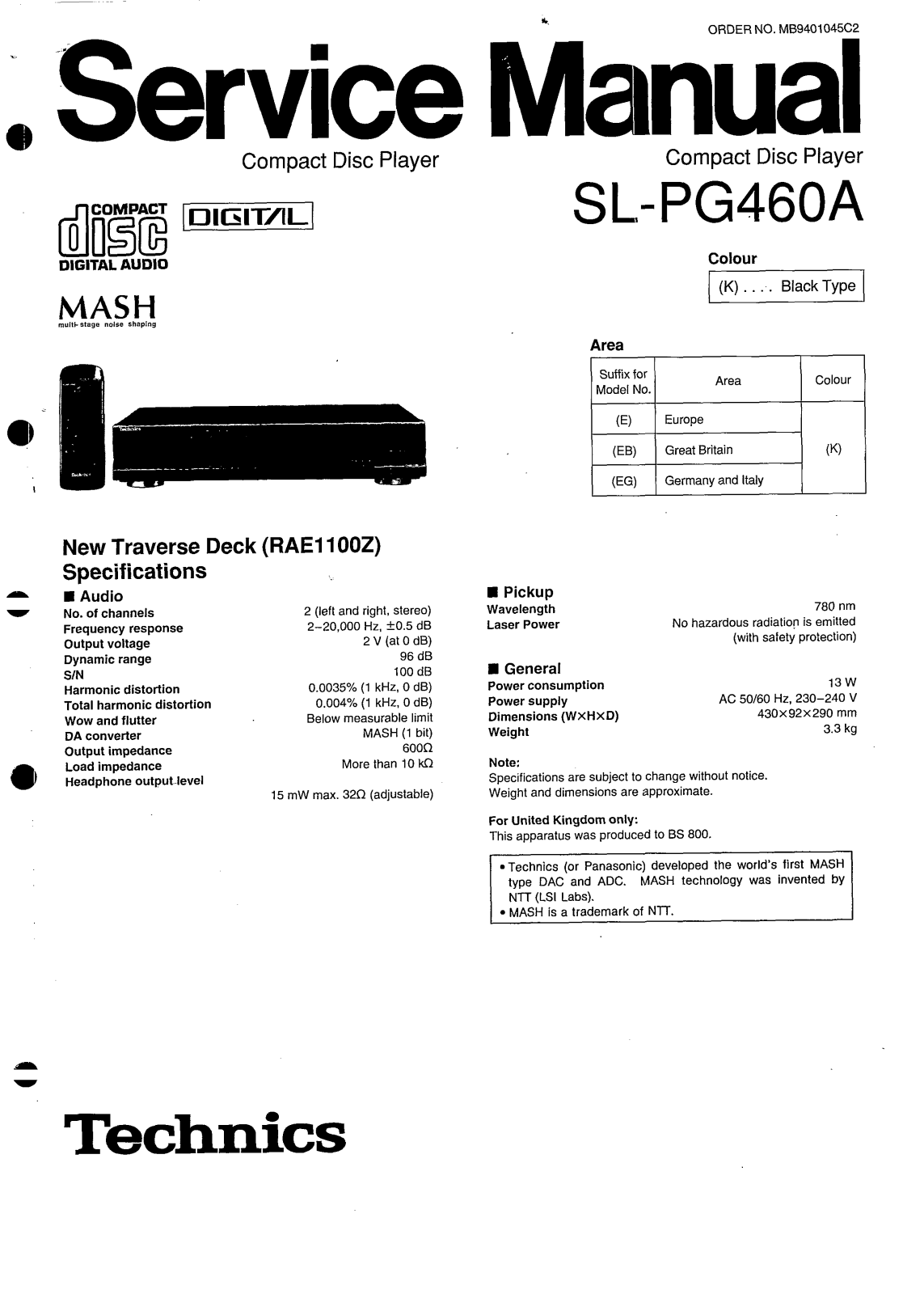 Technics SLPG-460-A, SLPG-460 Service manual