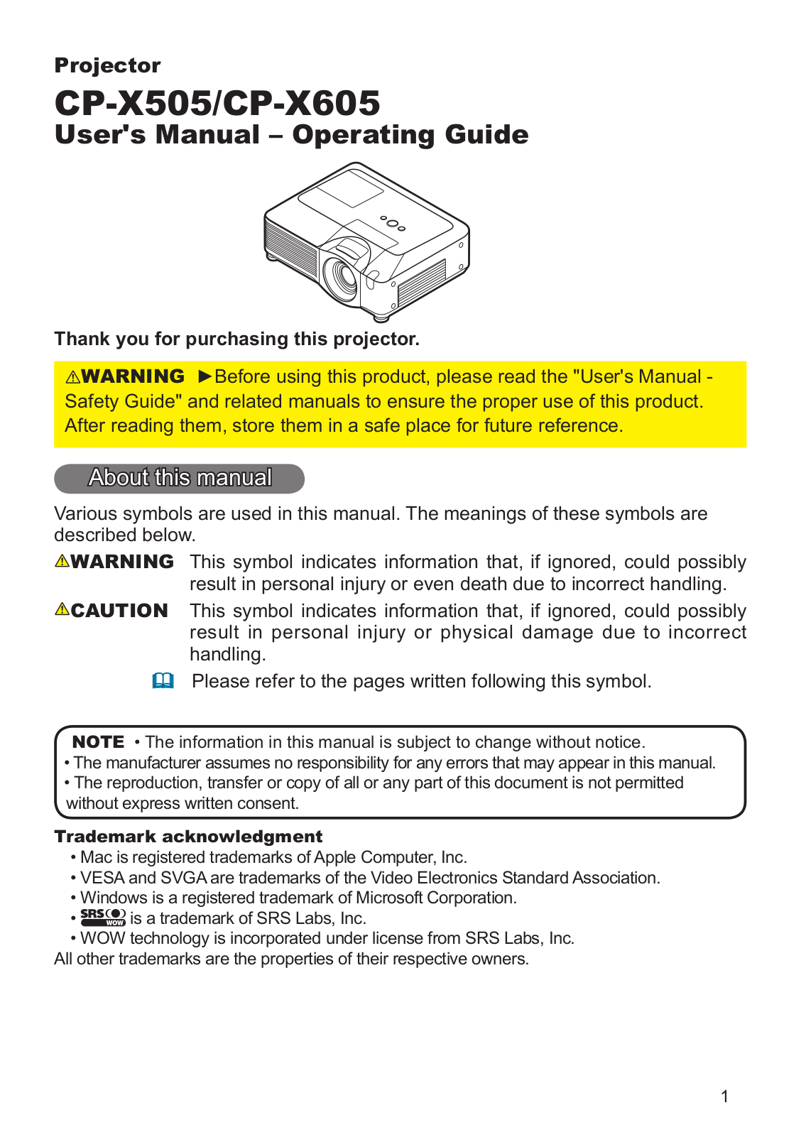 Hitachi CP-X505, CP-X605 Operating Guide