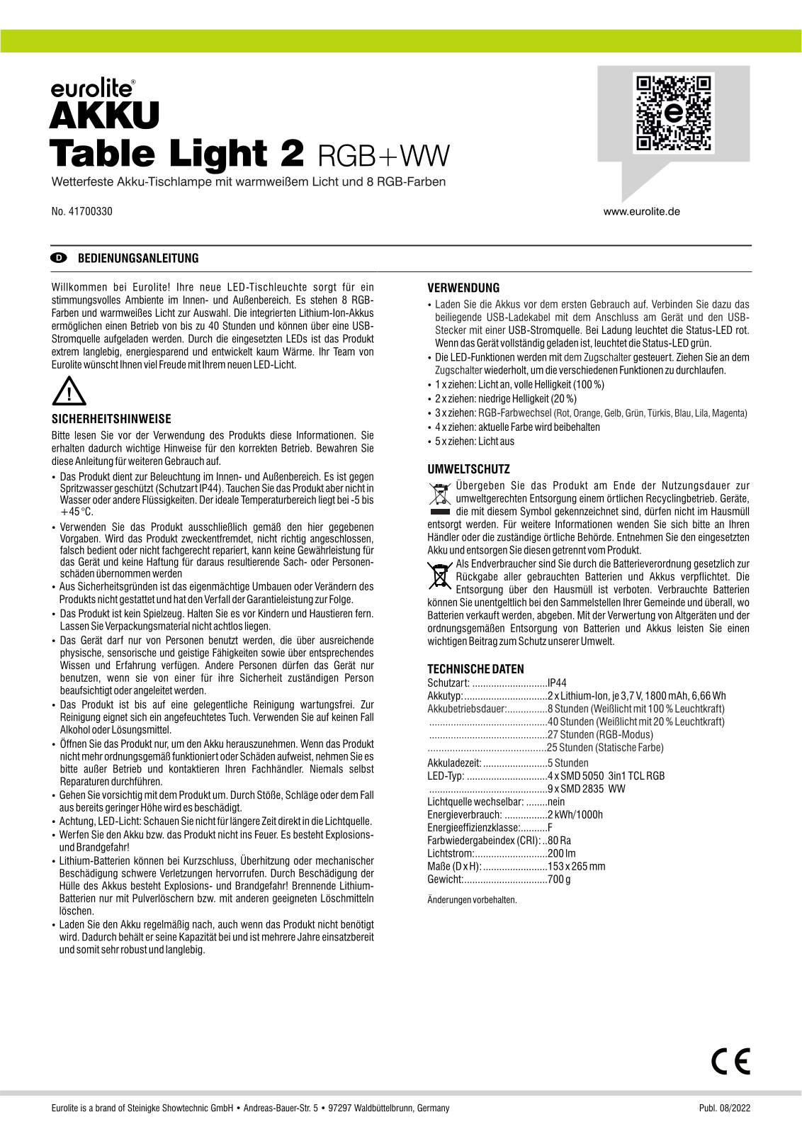 Eurolite Akku Table Light 2 User Manual - ManualMachine.com