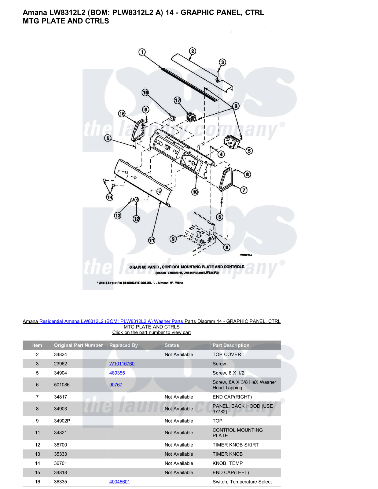 Amana LW8312L2 Parts Diagram