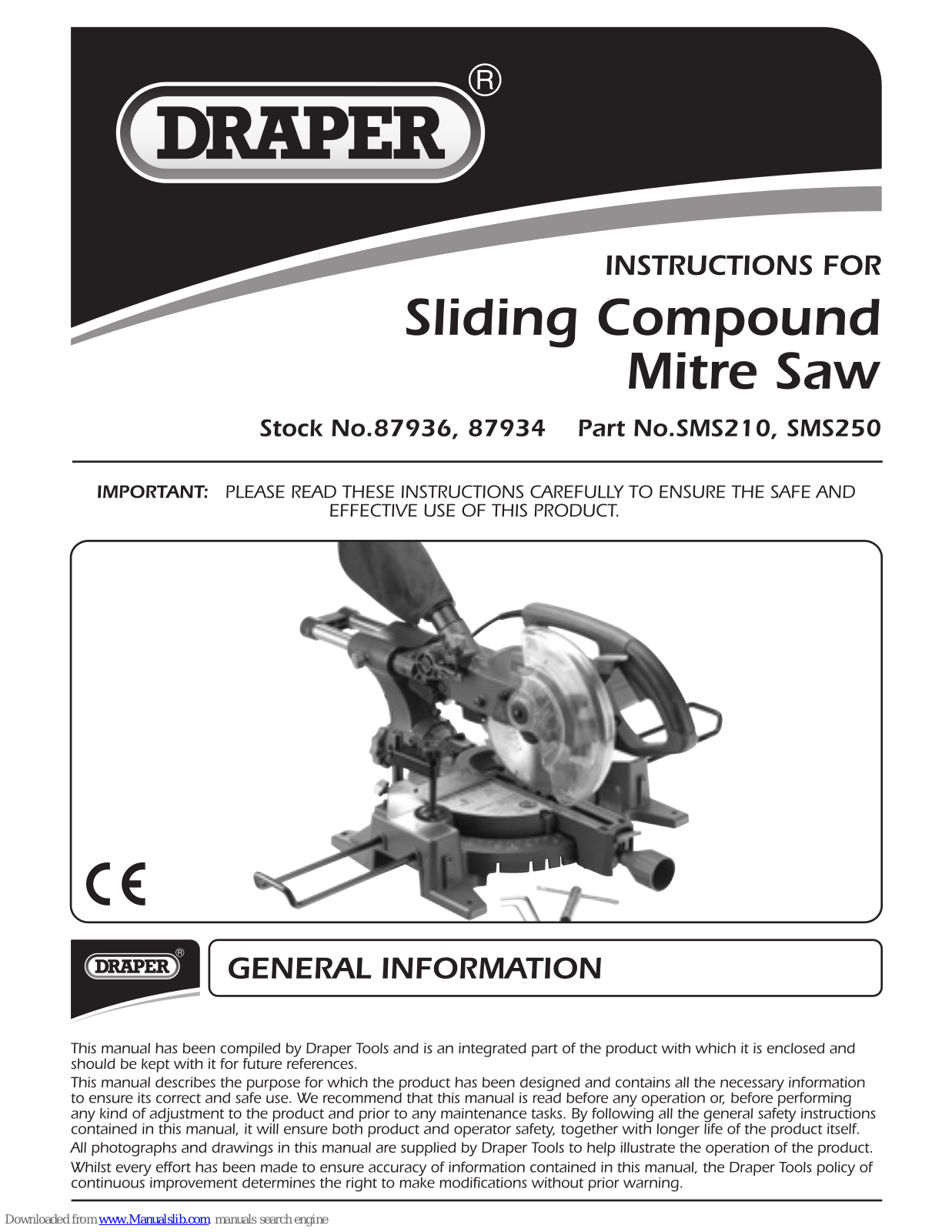 Draper SMS210, SMS250, 87936, 87934 Instructions Manual - ManualMachine.com