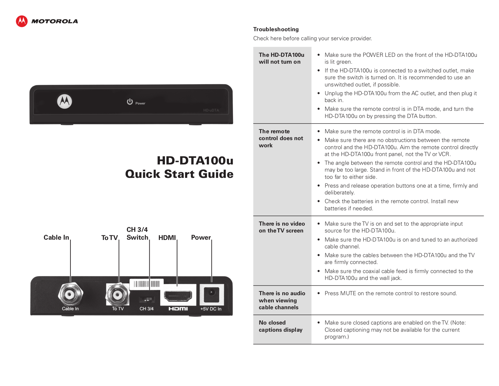 ARRIS HD-DTA100u Quick Start Guide