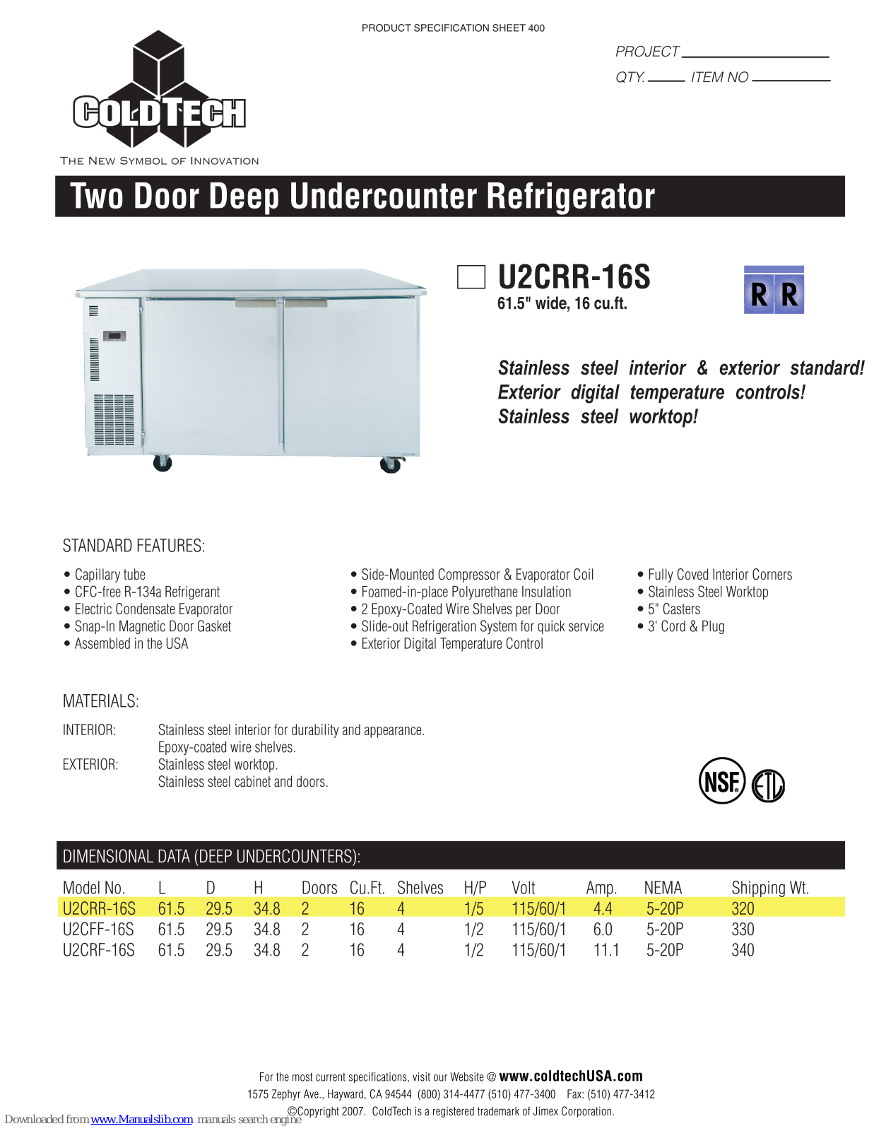 ColdTech U2CRR-16S Specifications - ManualMachine.com