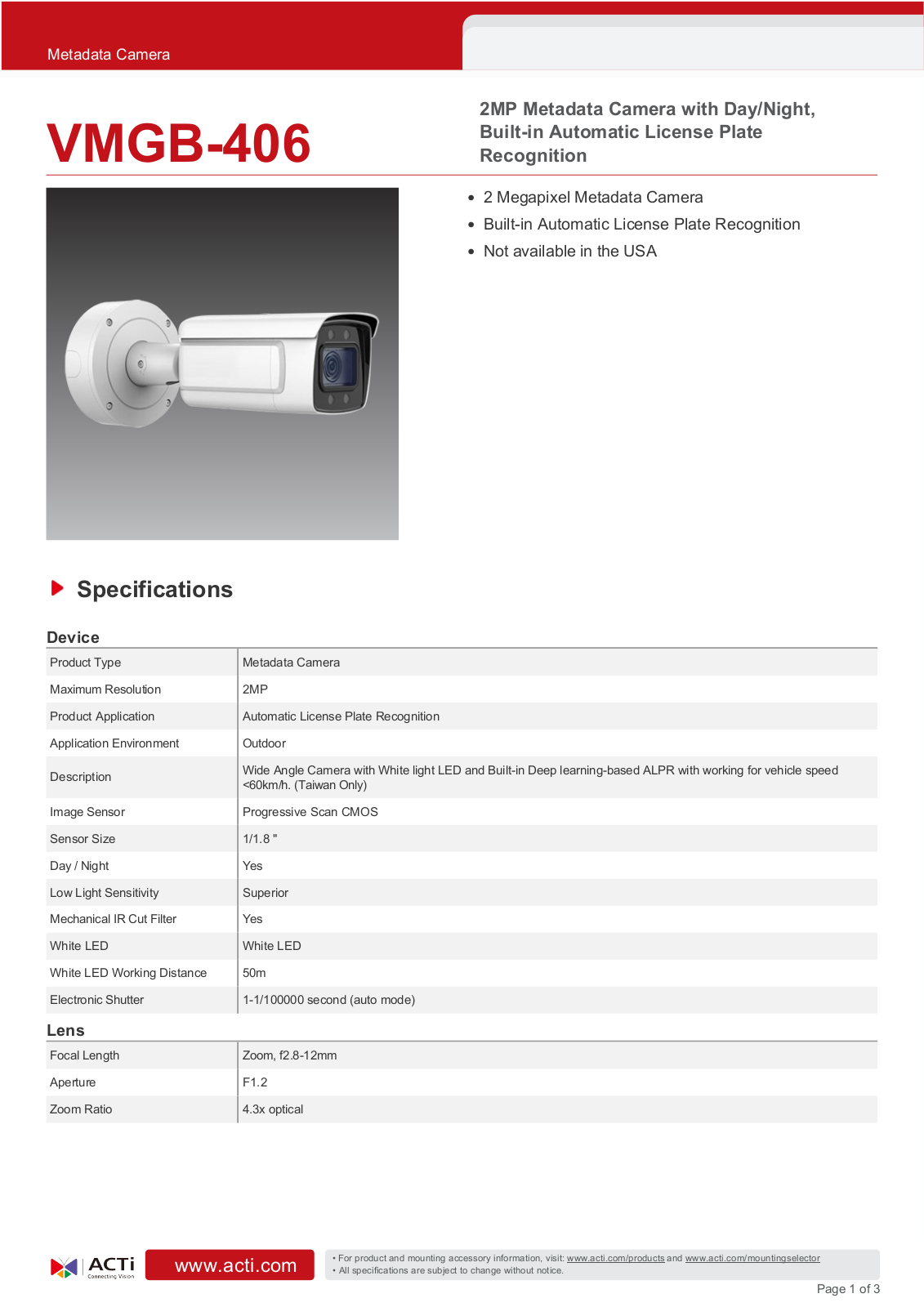 ACTi VMGB-406 Specsheet