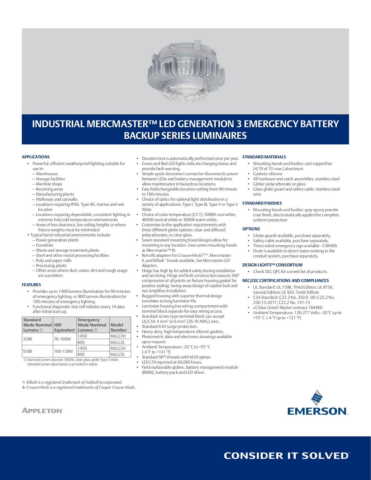 Appleton Industrial Mercmaster™ LED Generation 3 Emergency Battery Backup Series Luminaires Data Sheet