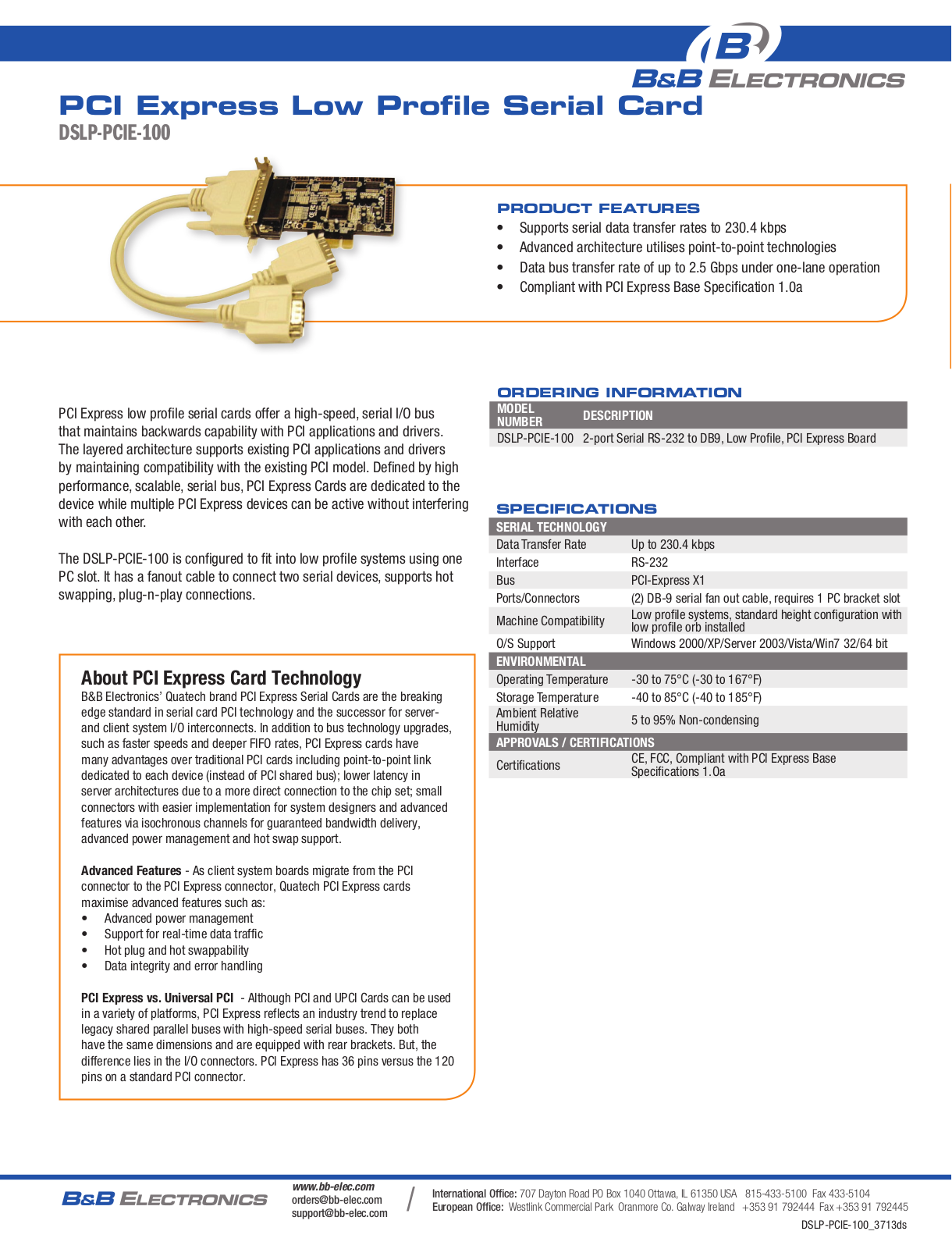 B&B Electronics DSLP-PCIE-100 Datasheet