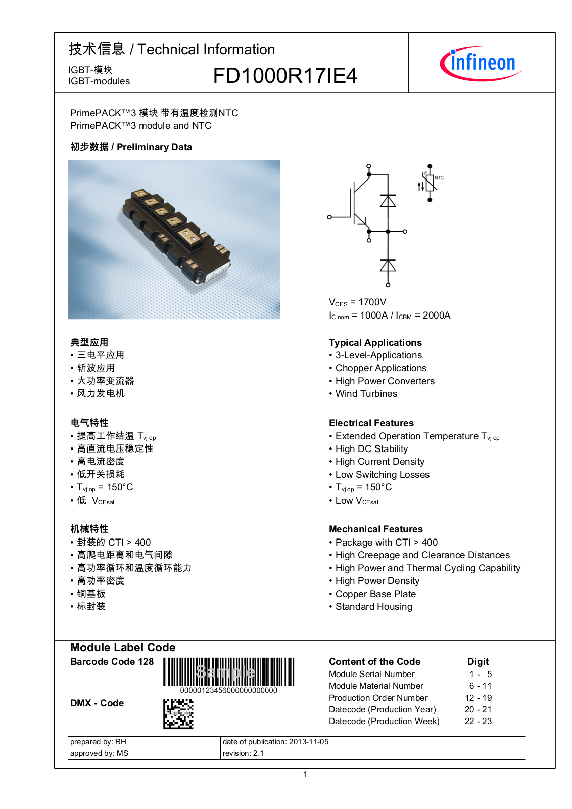 Infineon FD1000R17IE4 Data Sheet