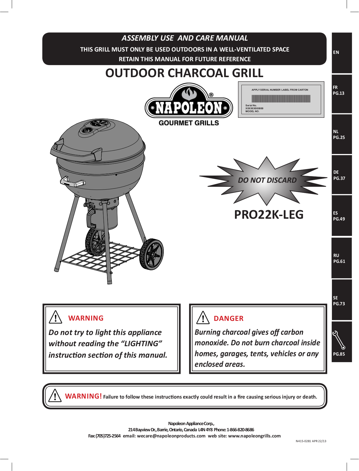 Napoleon Grills PRO22K-LEG User Manual