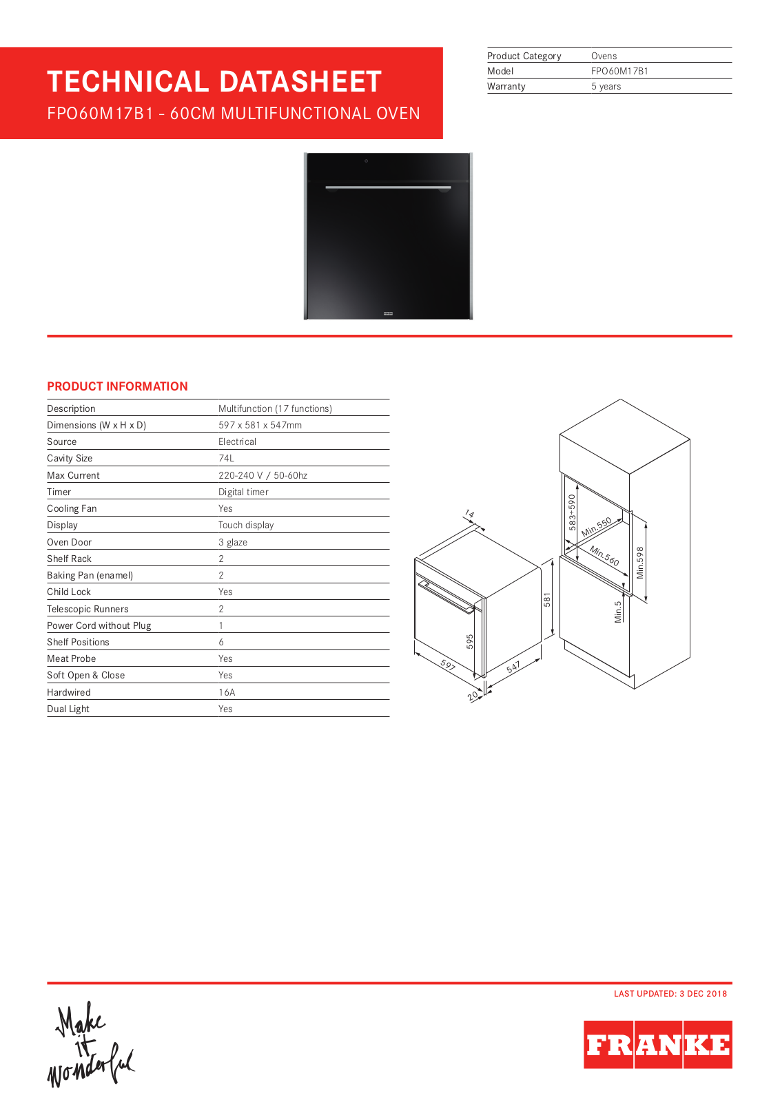 Franke FPO60M17B1 Specifications Sheet