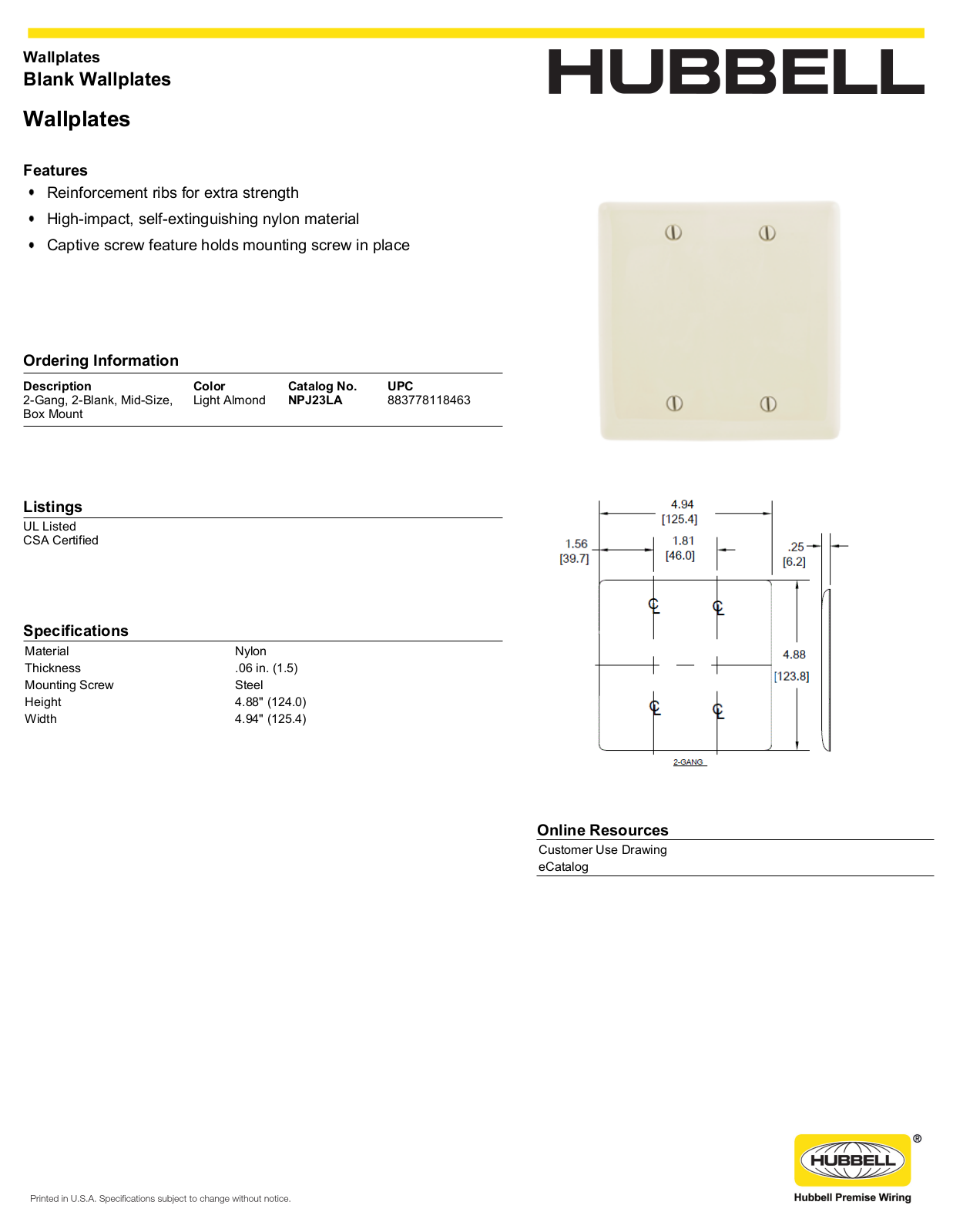 Hubbell NPJ23LA Specifications